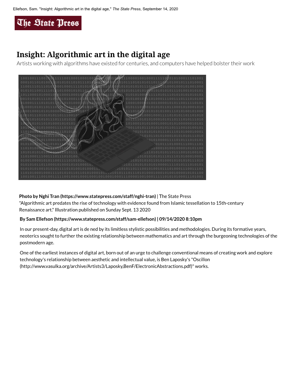 Insight: Algorithmic Art in the Digital Age," the State Press, September 14, 2020