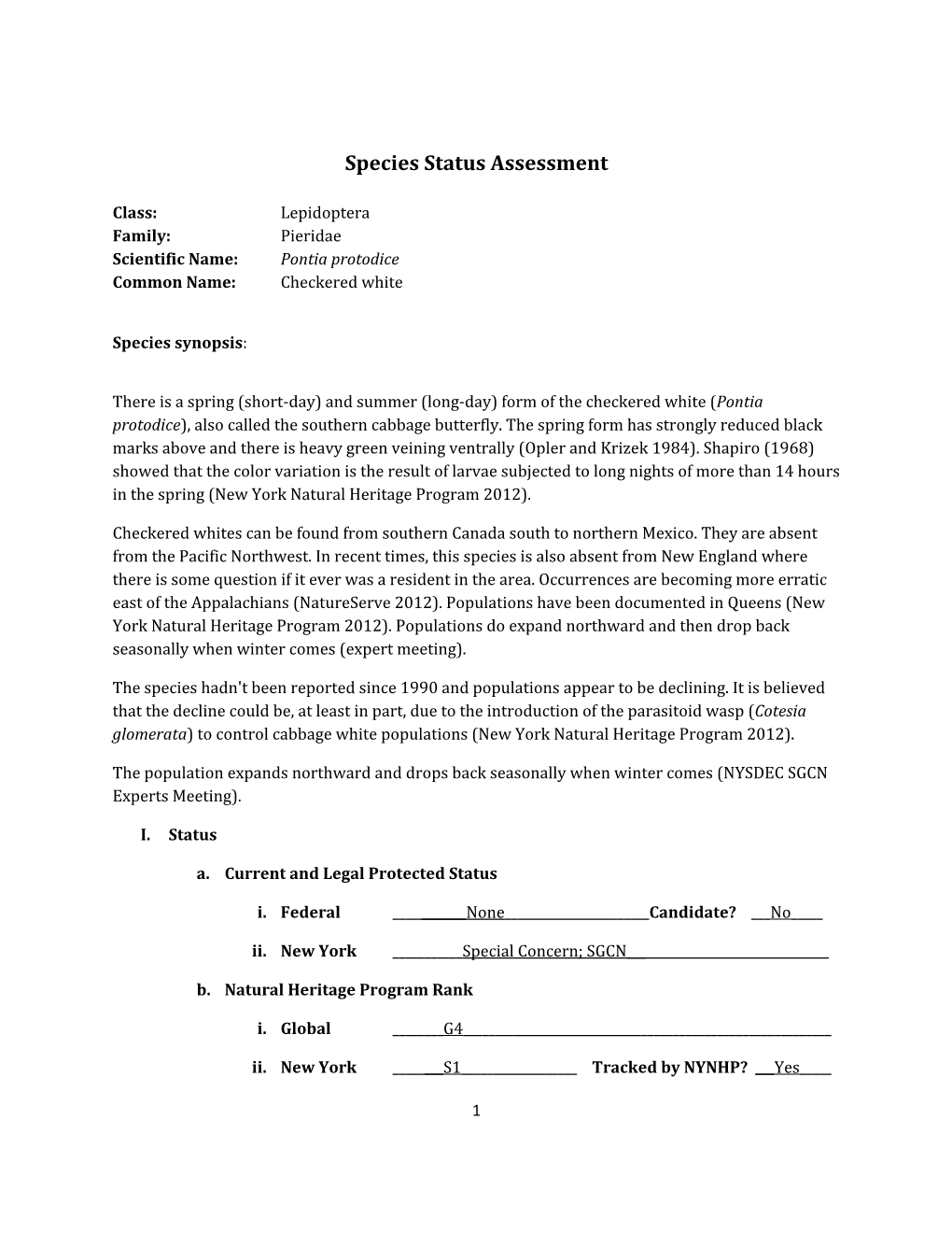 Species Assessment for Checkered White Butterfly