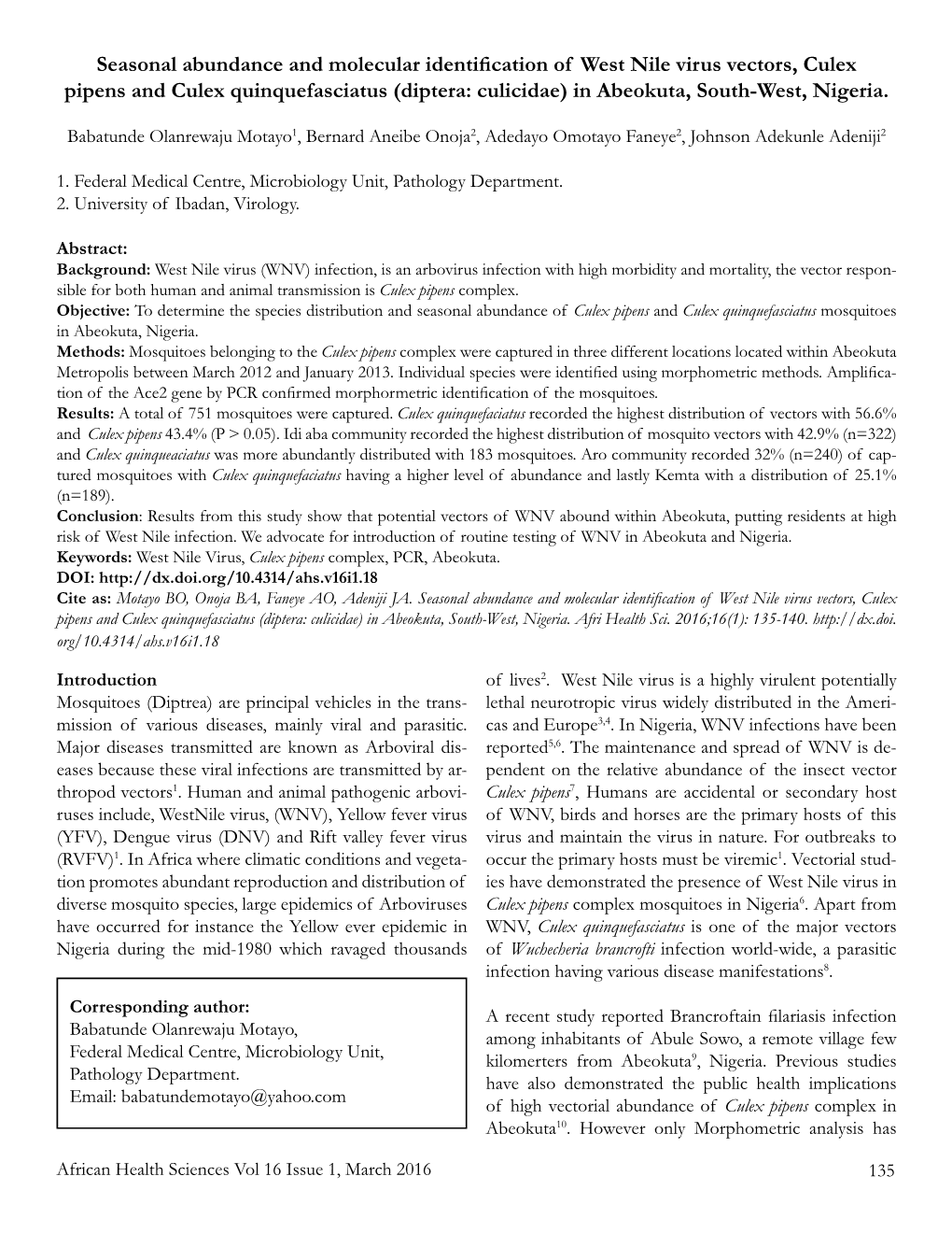 Seasonal Abundance and Molecular Identification of West Nile Virus