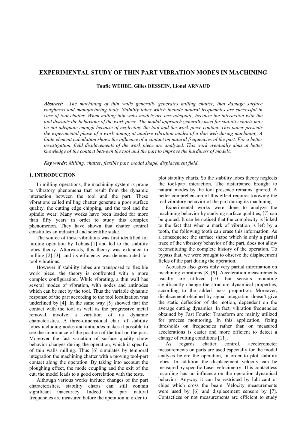 Experimental Study of Thin Part Vibration Modes in Machining