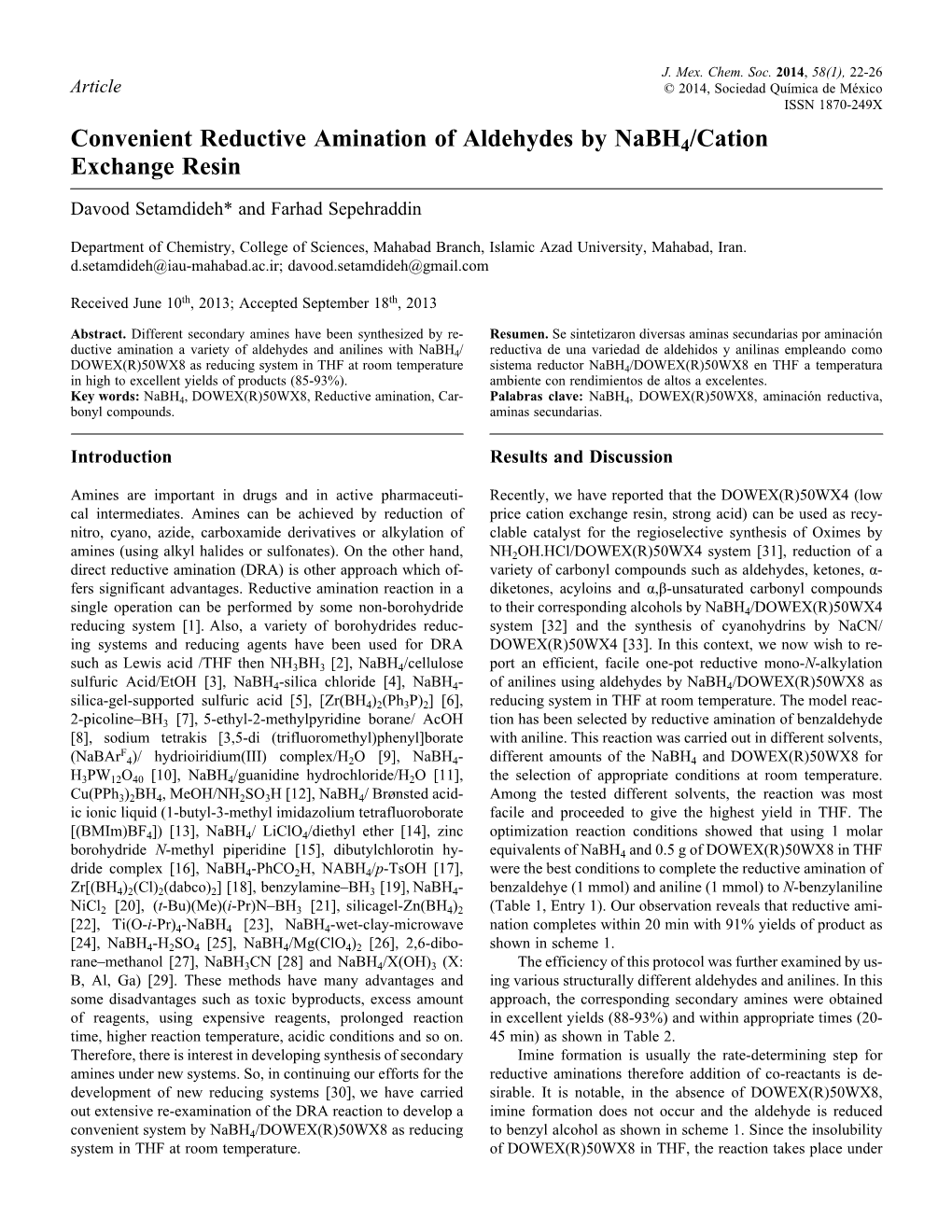 Convenient Reductive Amination of Aldehydes by Nabh4/Cation Exchange Resin