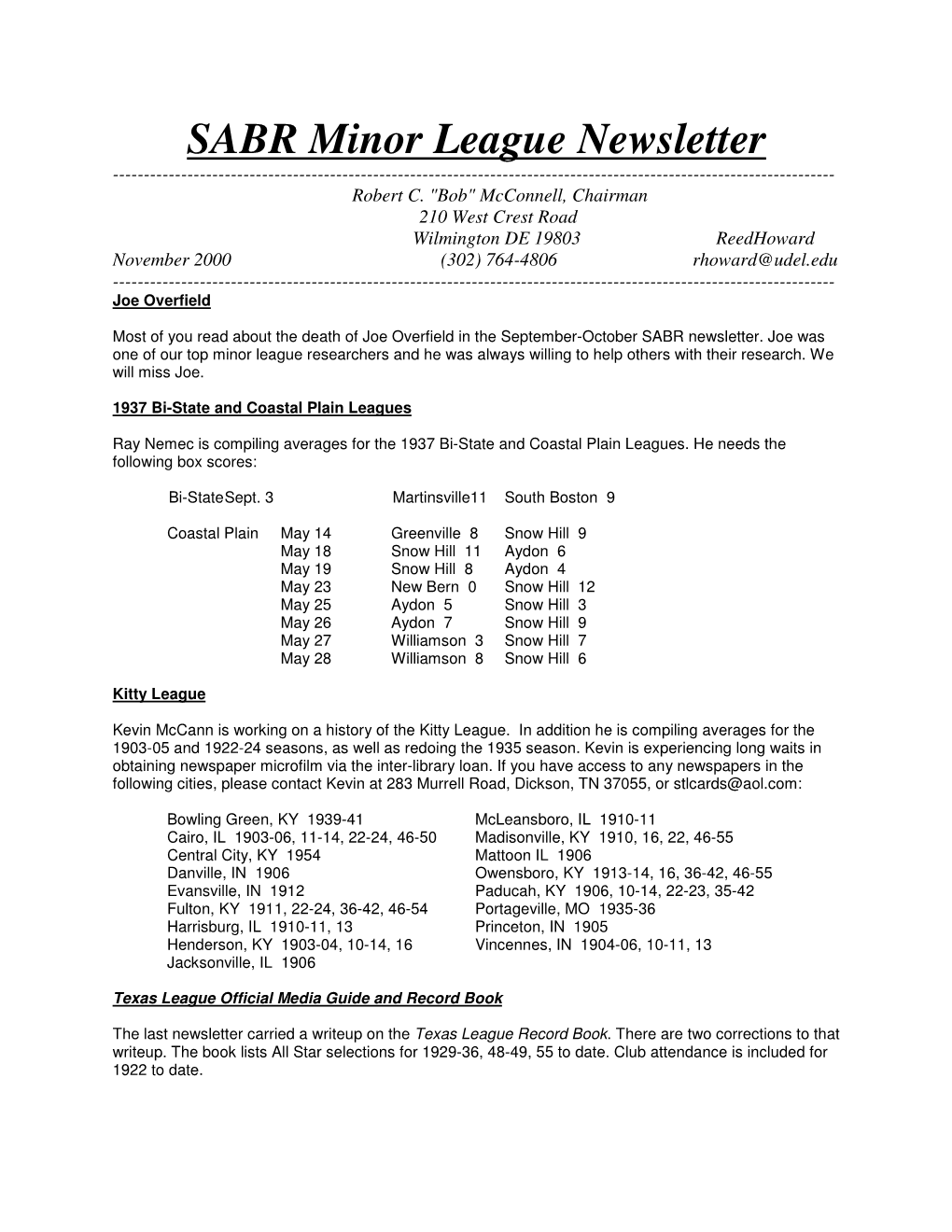 SABR Minor League Newsletter ------Robert C