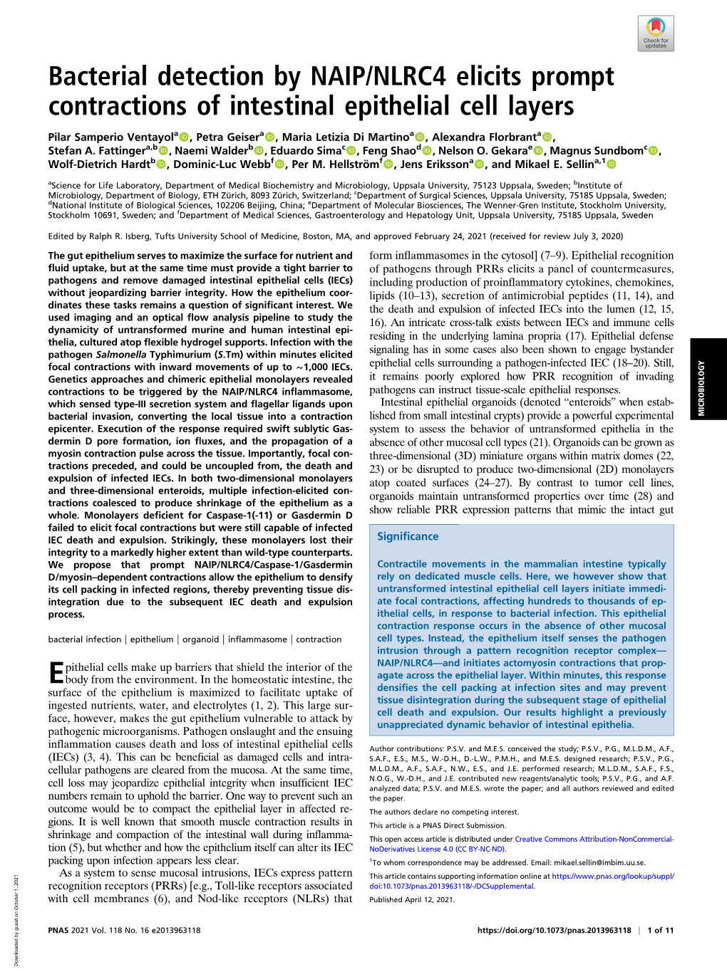 Bacterial Detection by NAIP/NLRC4 Elicits Prompt Contractions of Intestinal Epithelial Cell Layers