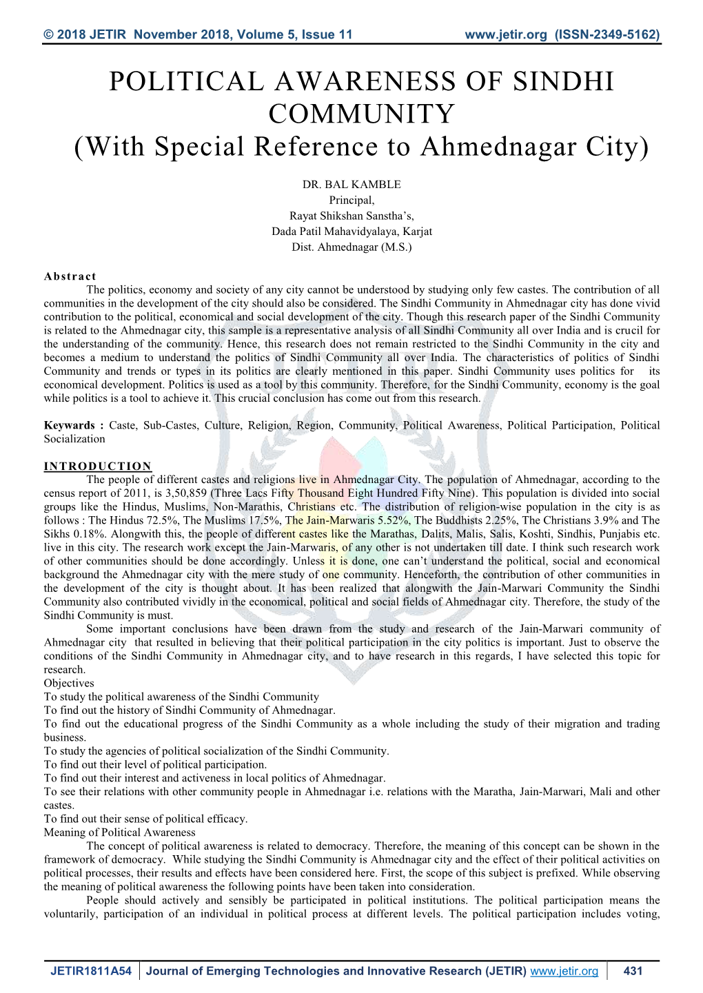 POLITICAL AWARENESS of SINDHI COMMUNITY (With Special Reference to Ahmednagar City)