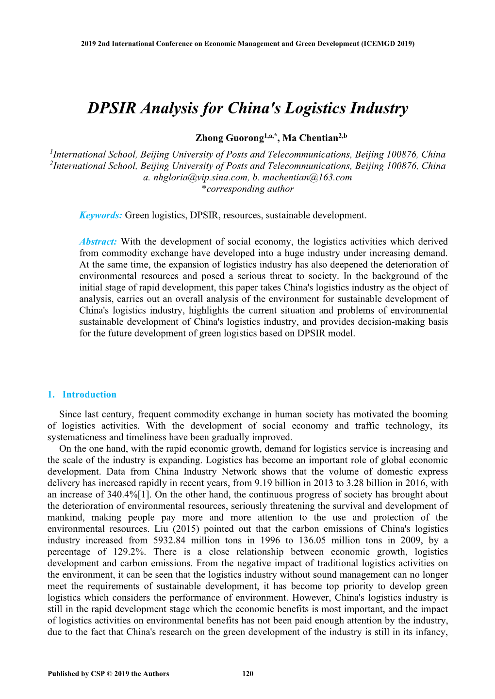 DPSIR Analysis for China's Logistics Industry