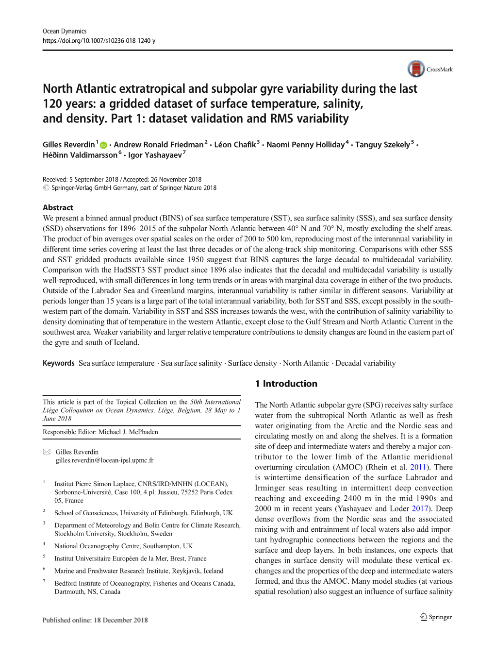 North Atlantic Extratropical and Subpolar Gyre Variability During the Last 120 Years: a Gridded Dataset of Surface Temperature, Salinity, and Density