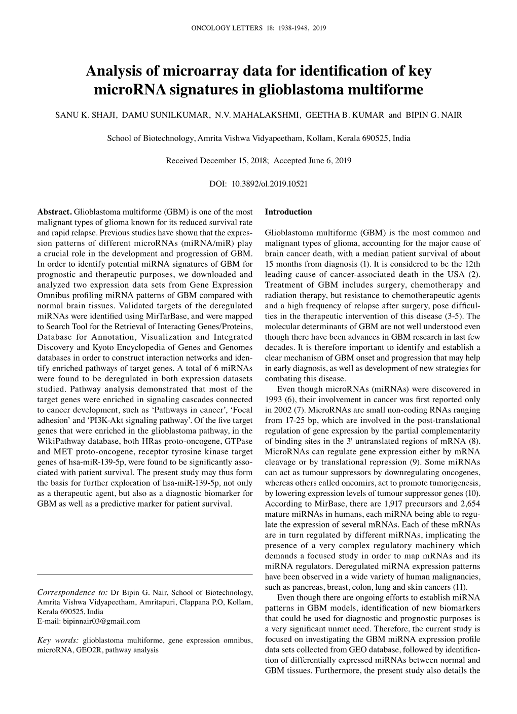 Analysis of Microarray Data for Identification of Key Microrna Signatures in Glioblastoma Multiforme