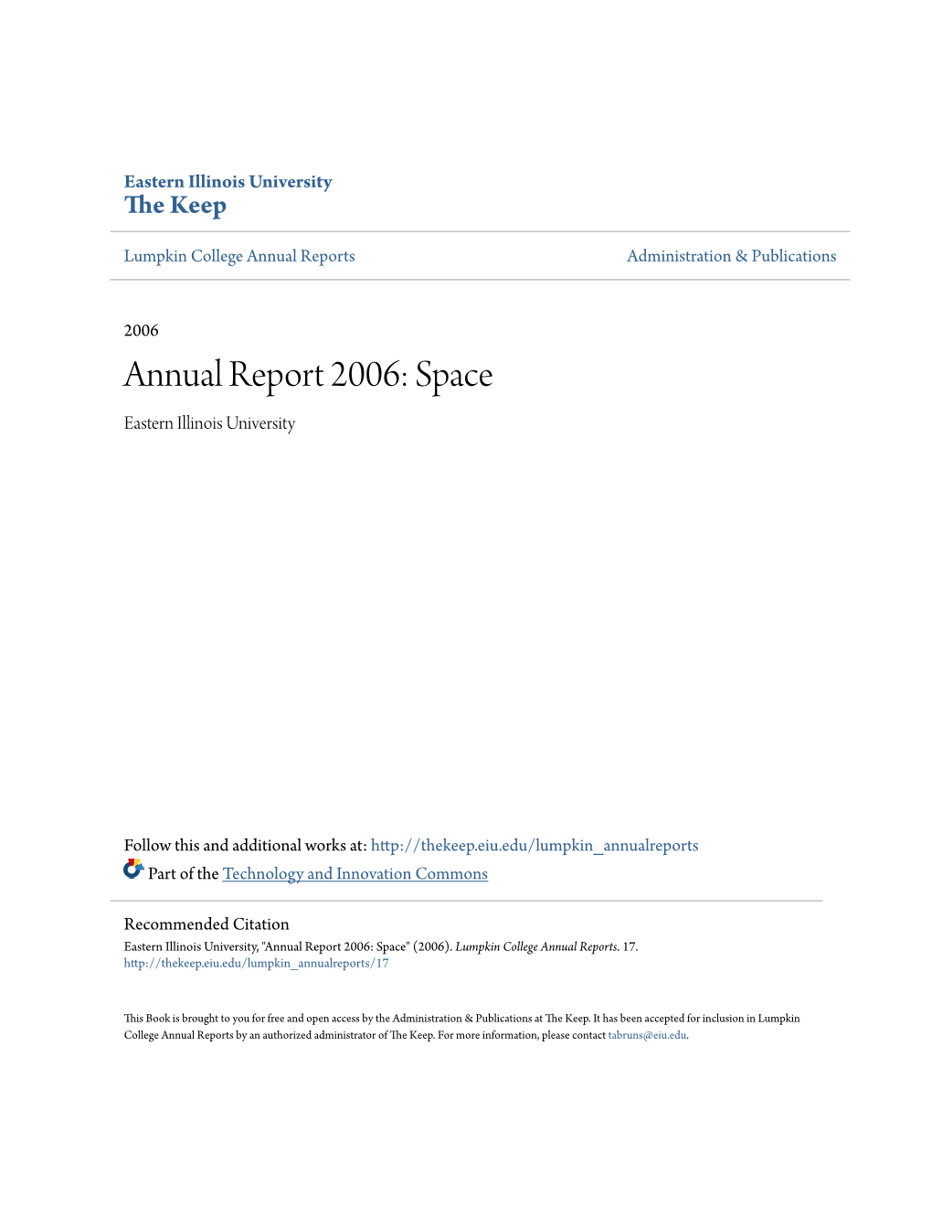 Annual Report 2006: Space Eastern Illinois University