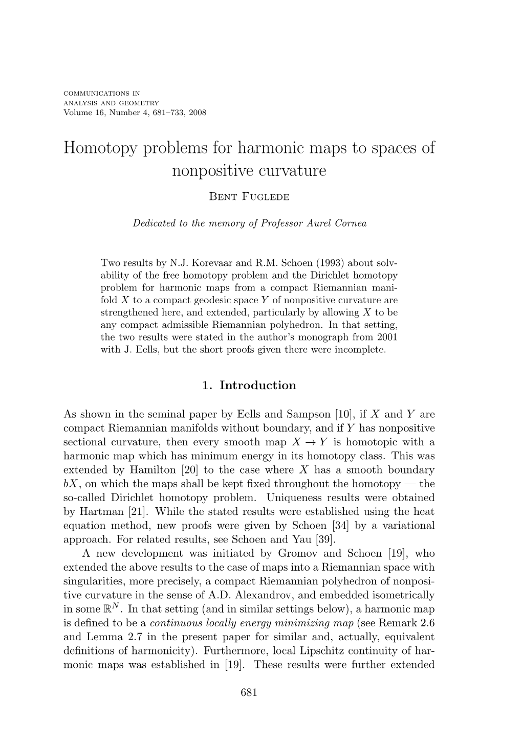 Homotopy Problems for Harmonic Maps to Spaces of Nonpositive Curvature Bent Fuglede