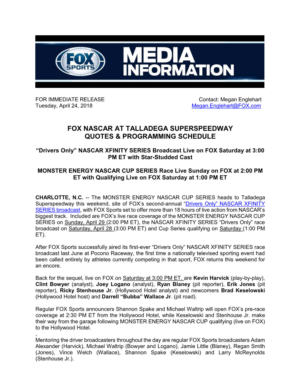 Fox Nascar at Talladega Superspeedway Quotes & Programming Schedule