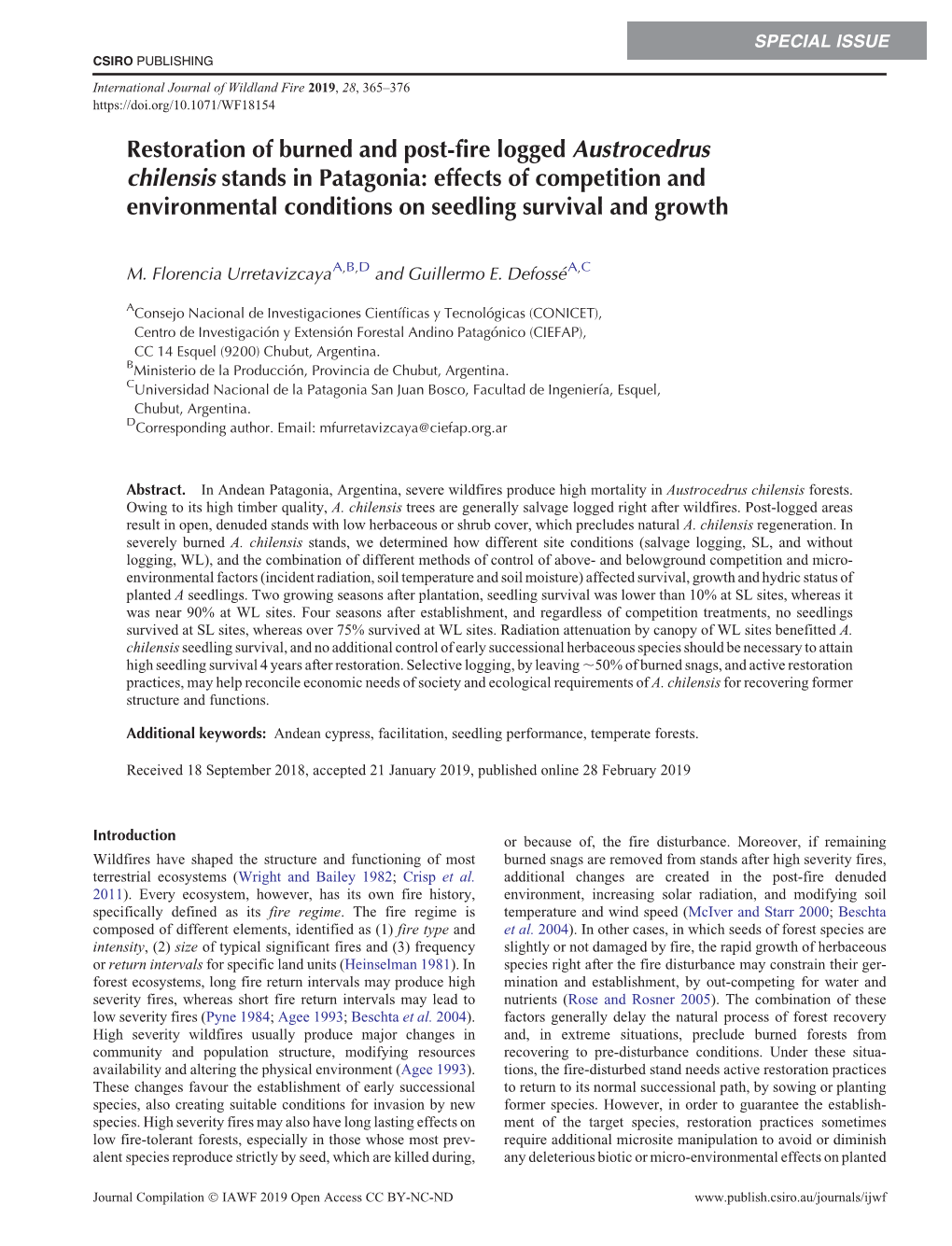 Restoration of Burned and Post-Fire Logged Austrocedrus Chilensis Stands in Patagonia