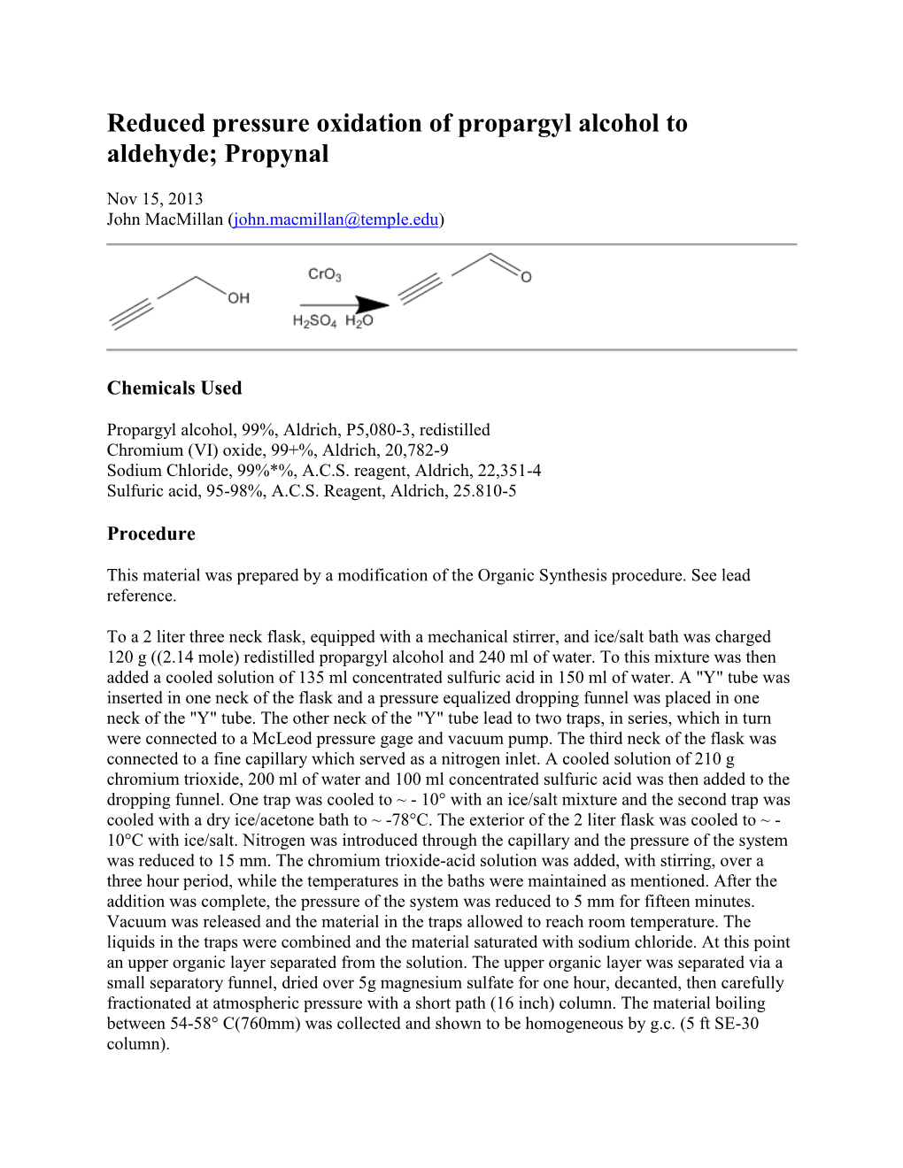 Reduced Pressure Oxidation of Propargyl Alcohol to Aldehyde; Propynal