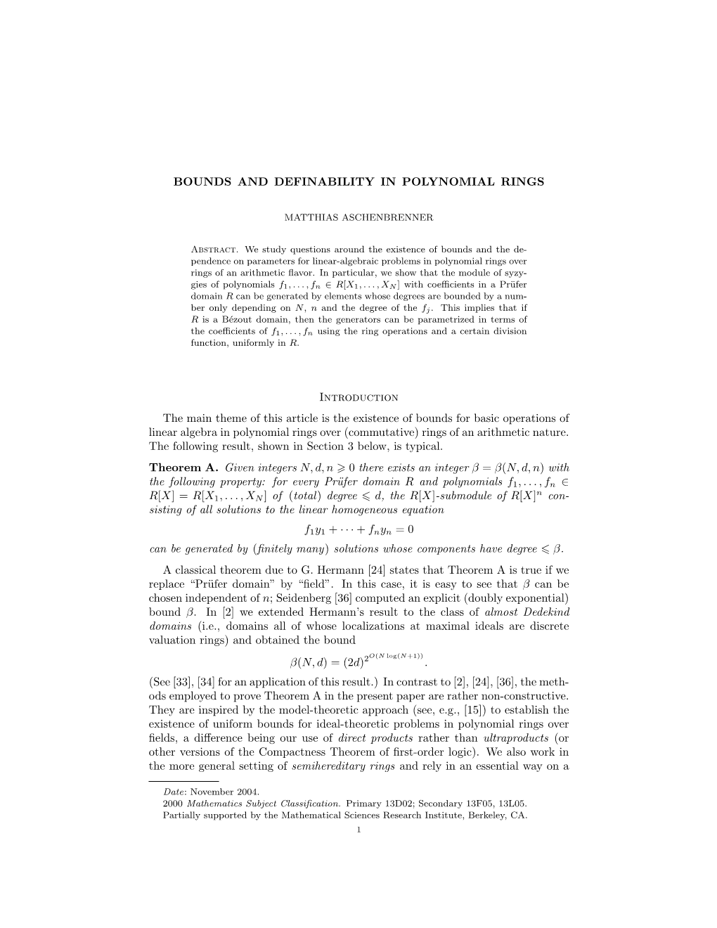 BOUNDS and DEFINABILITY in POLYNOMIAL RINGS Introduction the Main Theme of This Article Is the Existence of Bounds for Basic