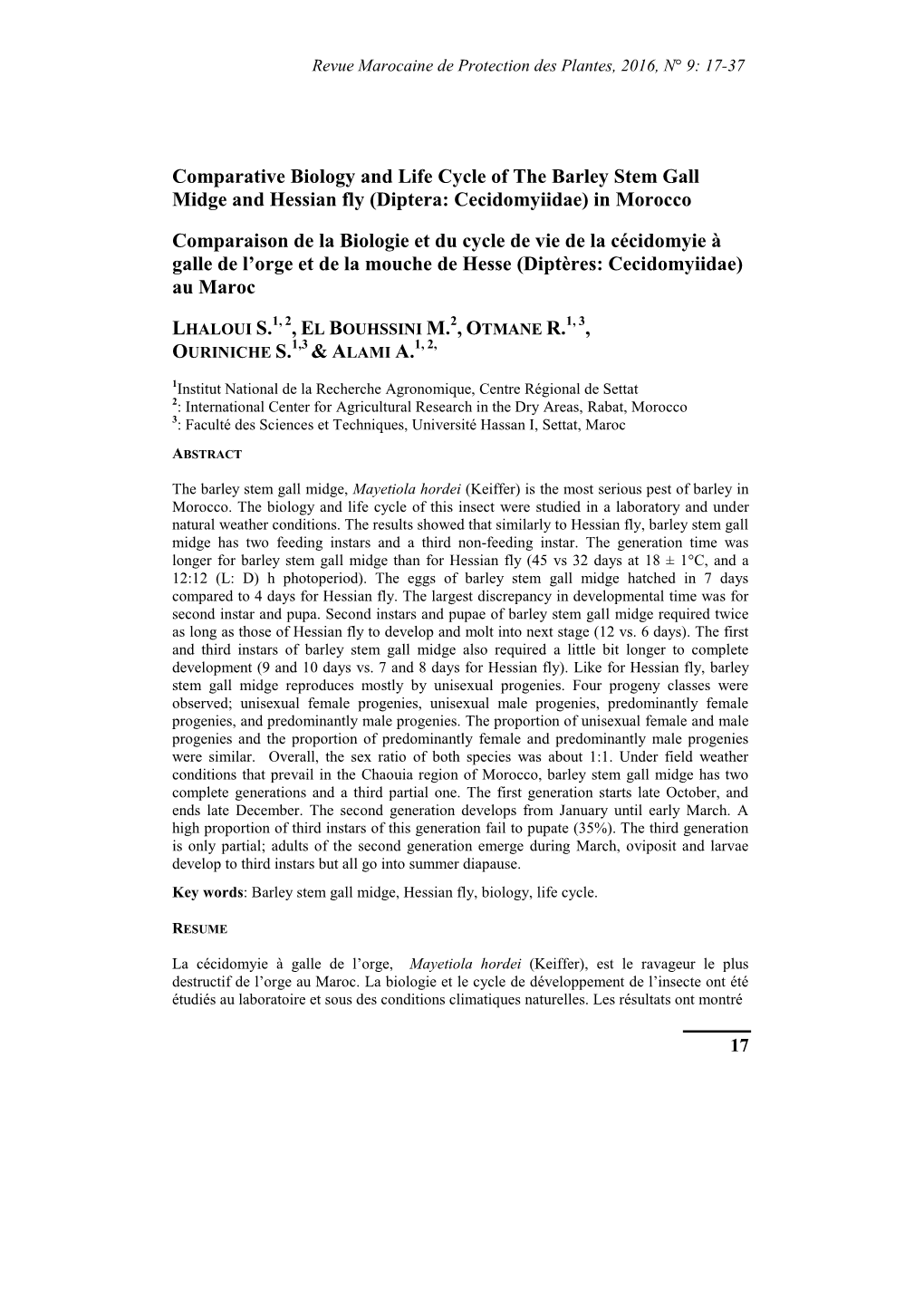 Comparative Biology and Life Cycle of the Barley Stem Gall Midge and Hessian Fly (Diptera: Cecidomyiidae) in Morocco