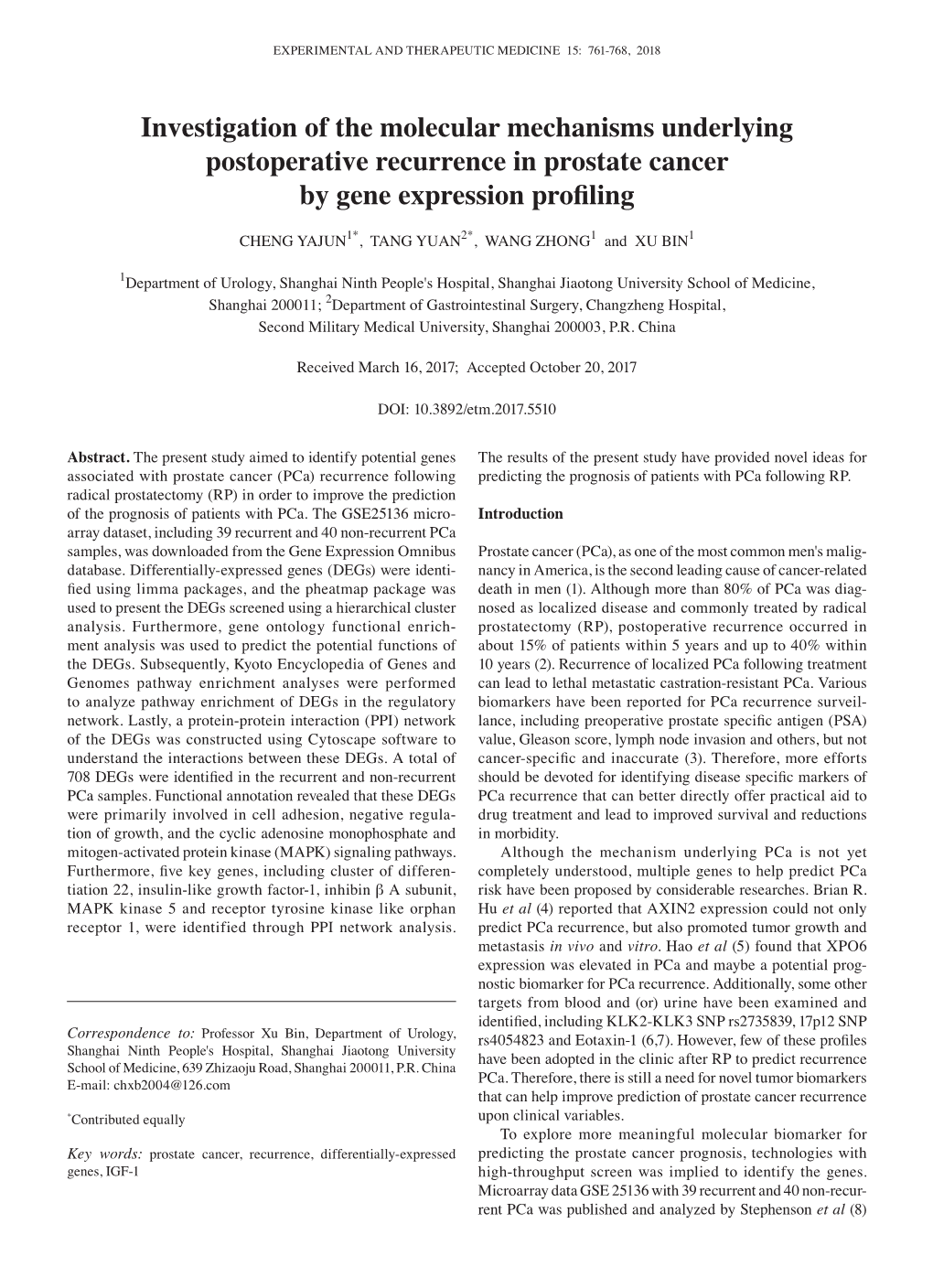 Investigation of the Molecular Mechanisms Underlying Postoperative Recurrence in Prostate Cancer by Gene Expression Profiling