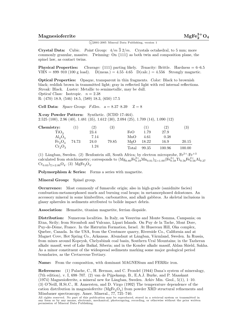 Magnesioferrite Mgfe2 O4 C 2001-2005 Mineral Data Publishing, Version 1