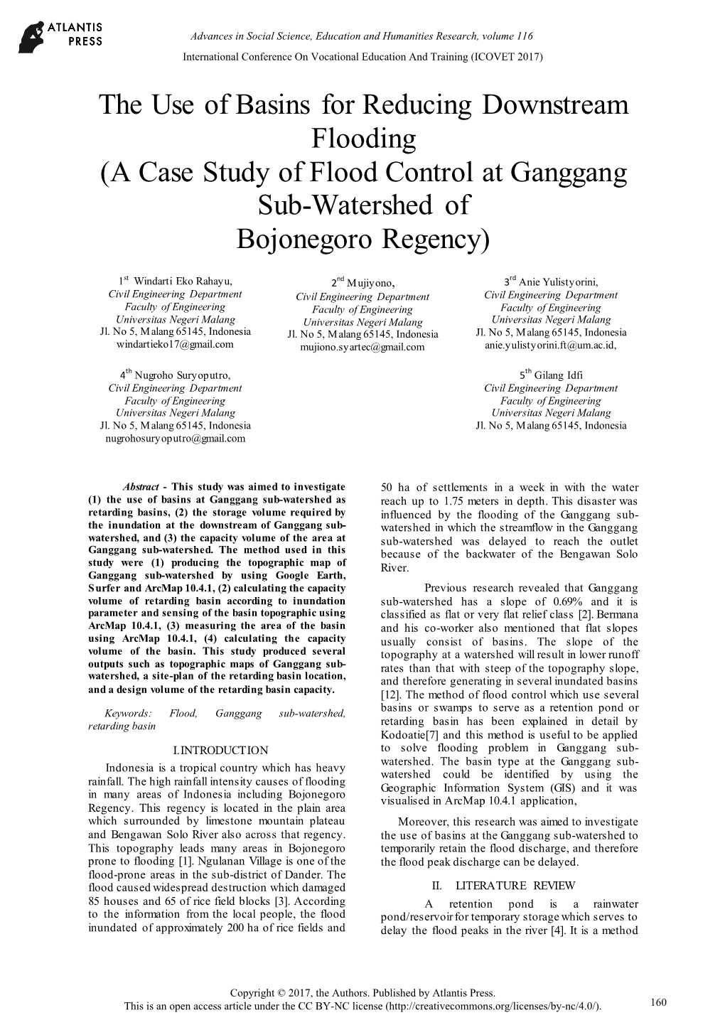 The Use of Basins for Reducing Downstream Flooding (A Case Study of Flood Control at Ganggang Sub-Watershed of Bojonegoro Regency)