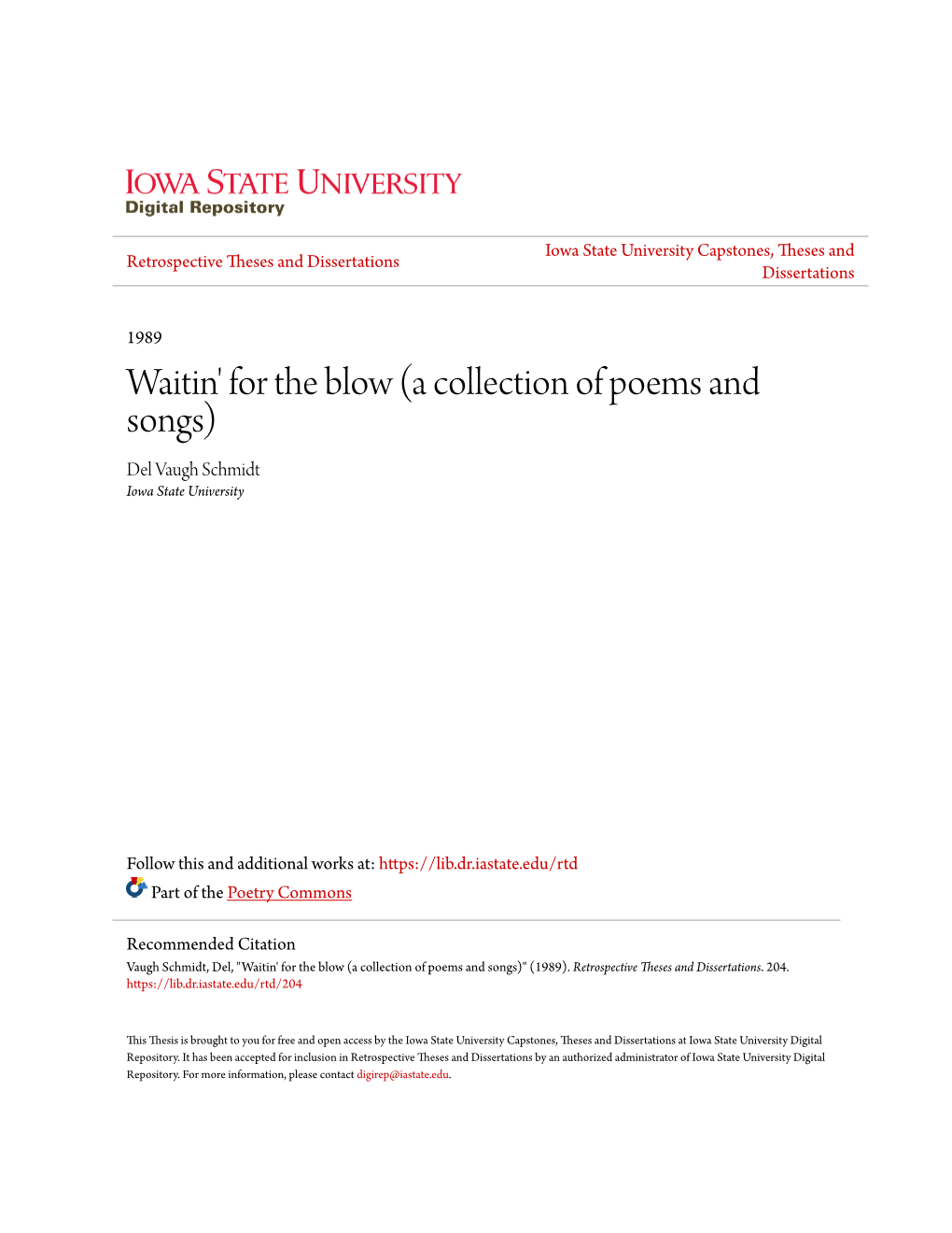 A Collection of Poems and Songs) Del Vaugh Schmidt Iowa State University