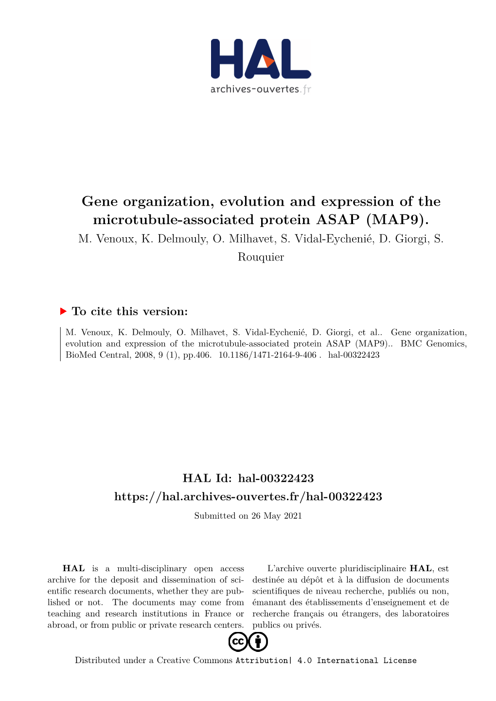 Gene Organization, Evolution and Expression of the Microtubule-Associated Protein ASAP (MAP9)