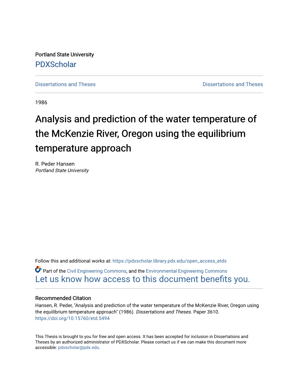Analysis and Prediction of the Water Temperature of the Mckenzie River, Oregon Using the Equilibrium Temperature Approach