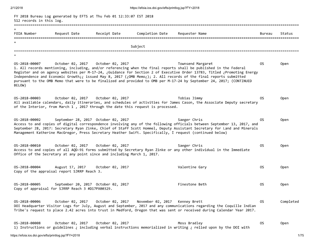 FY 2018 Bureau Log Generated by EFTS at Thu Feb 01 12:33:07 EST 2018 512 Records in This Log