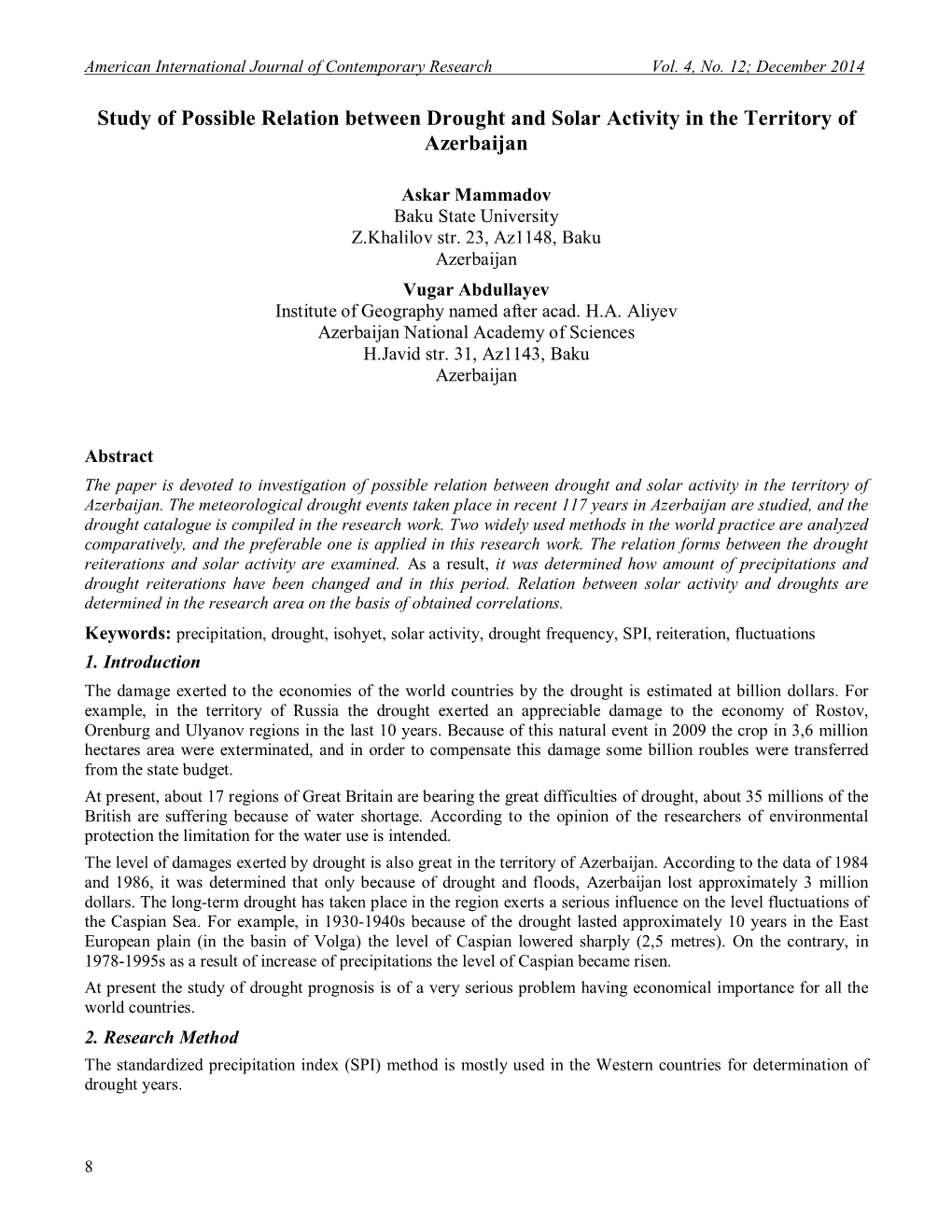 Study of Possible Relation Between Drought and Solar Activity in the Territory of Azerbaijan