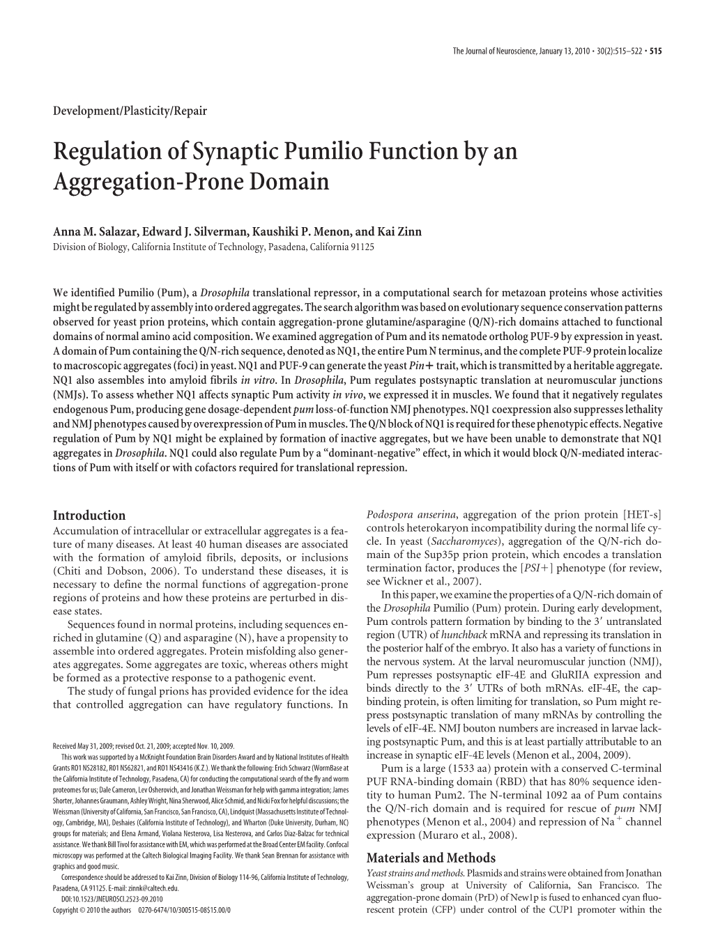 Regulation of Synaptic Pumilio Function by an Aggregation-Prone Domain