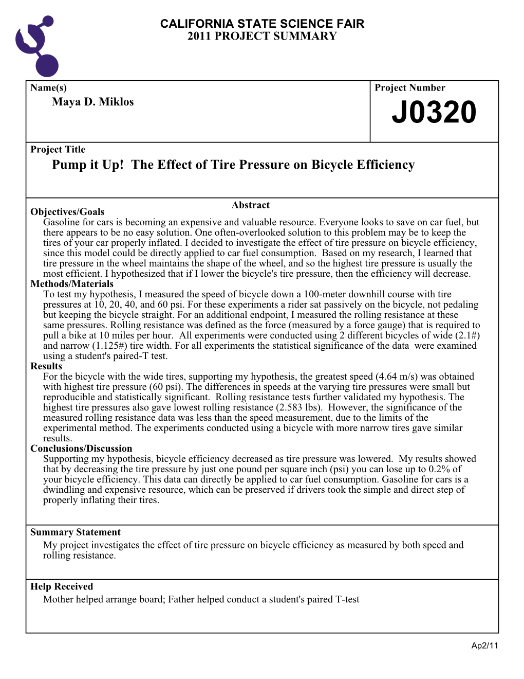 The Effect of Tire Pressure on Bicycle Efficiency