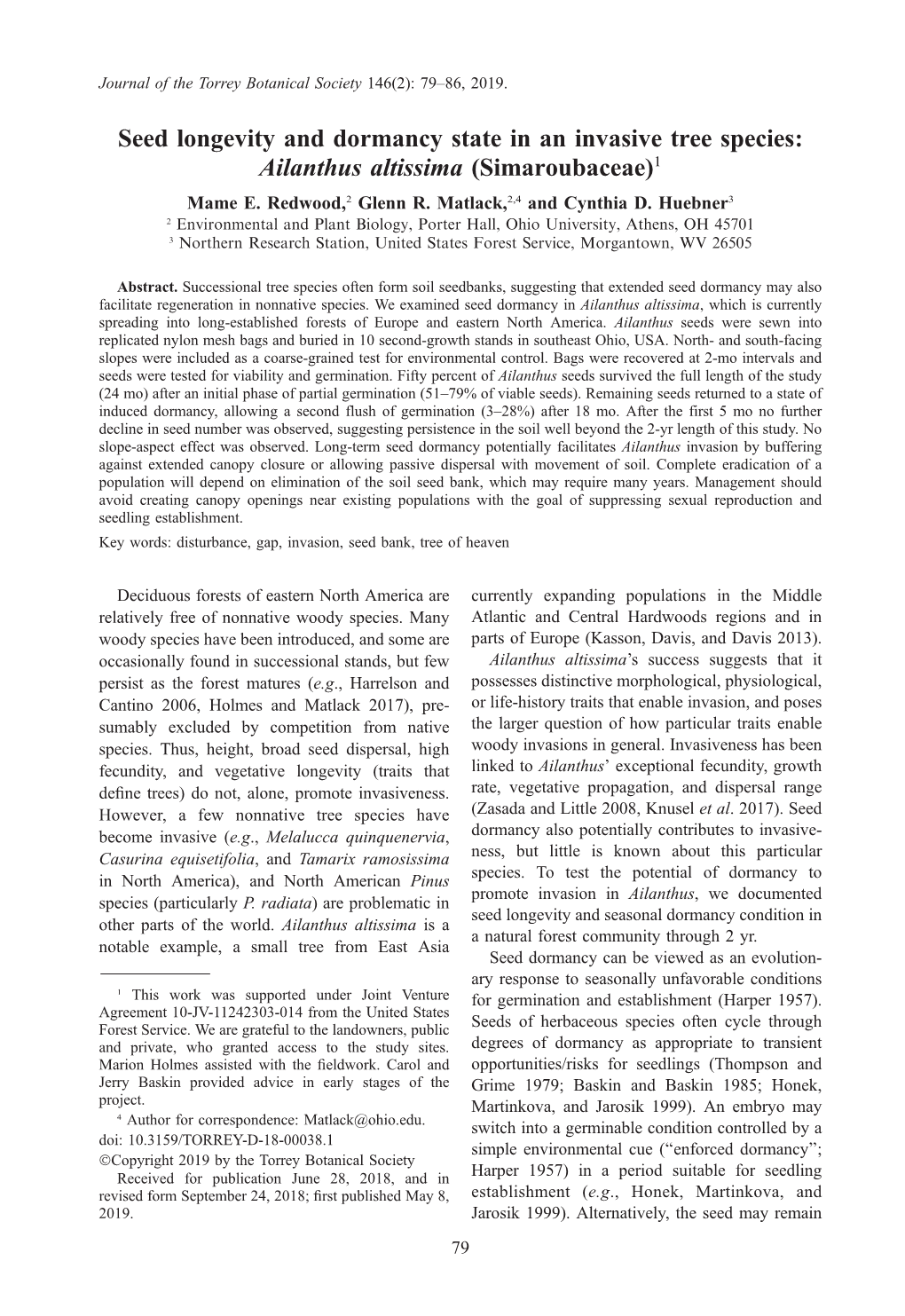 Seed Longevity and Dormancy State in an Invasive Tree Species: Ailanthus Altissima (Simaroubaceae)1 Mame E