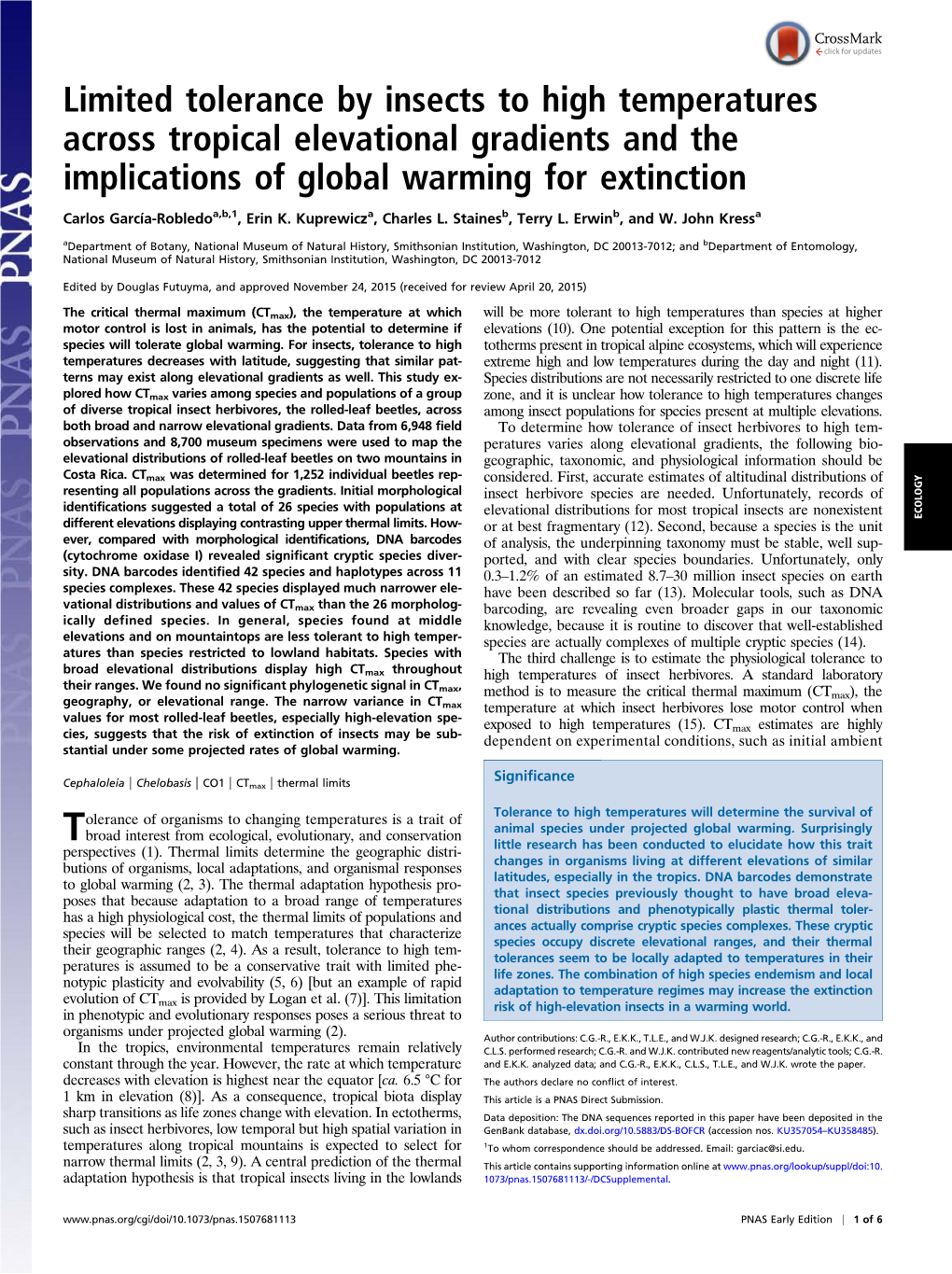 Limited Tolerance by Insects to High Temperatures Across Tropical Elevational Gradients and the Implications of Global Warming for Extinction