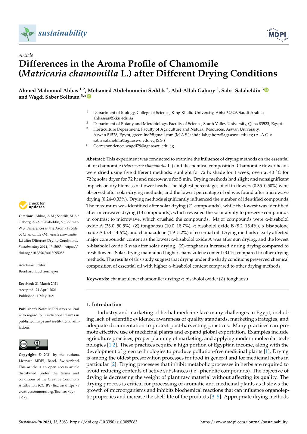 Differences in the Aroma Profile of Chamomile (Matricaria