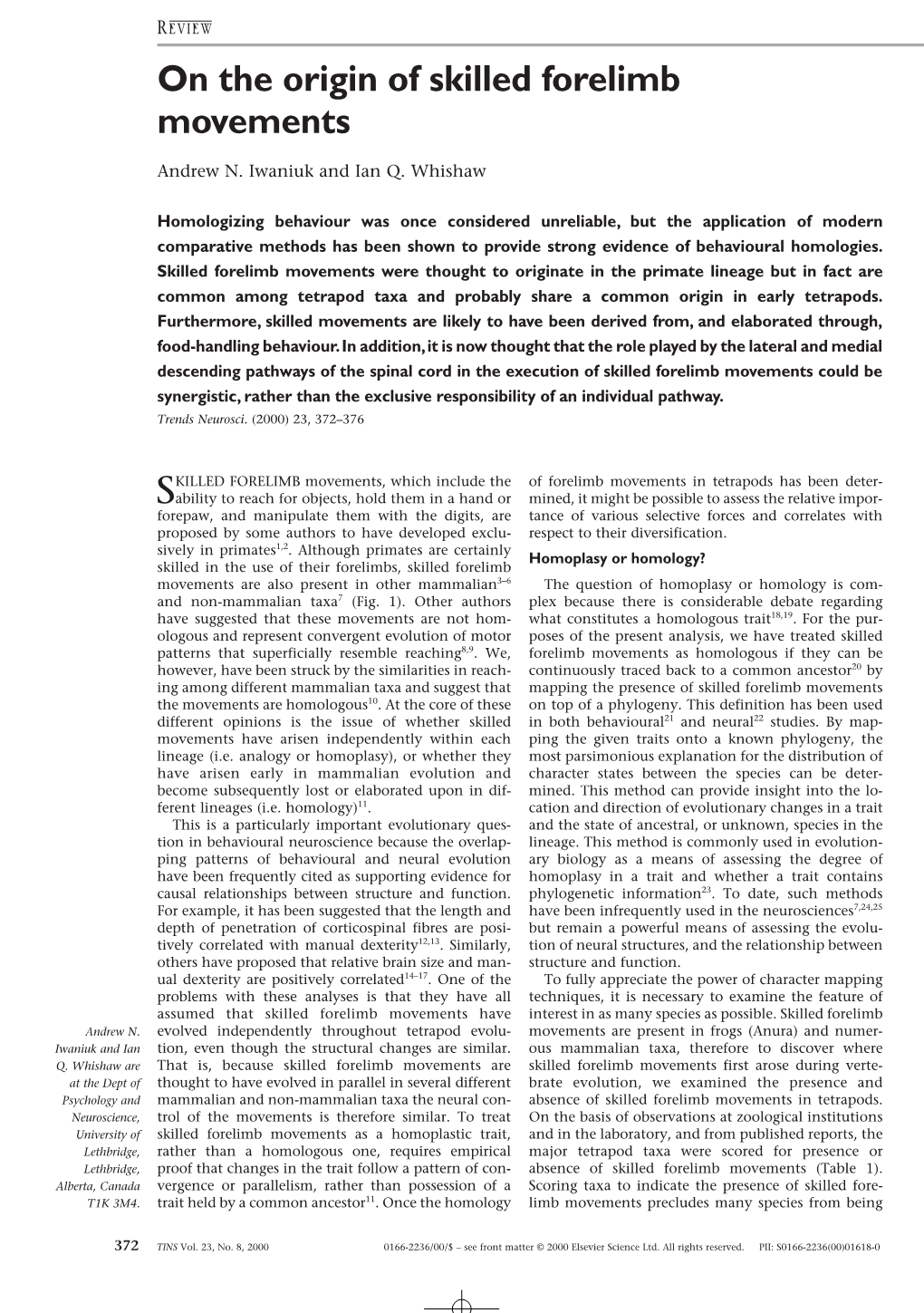 On the Origin of Skilled Forelimb Movements