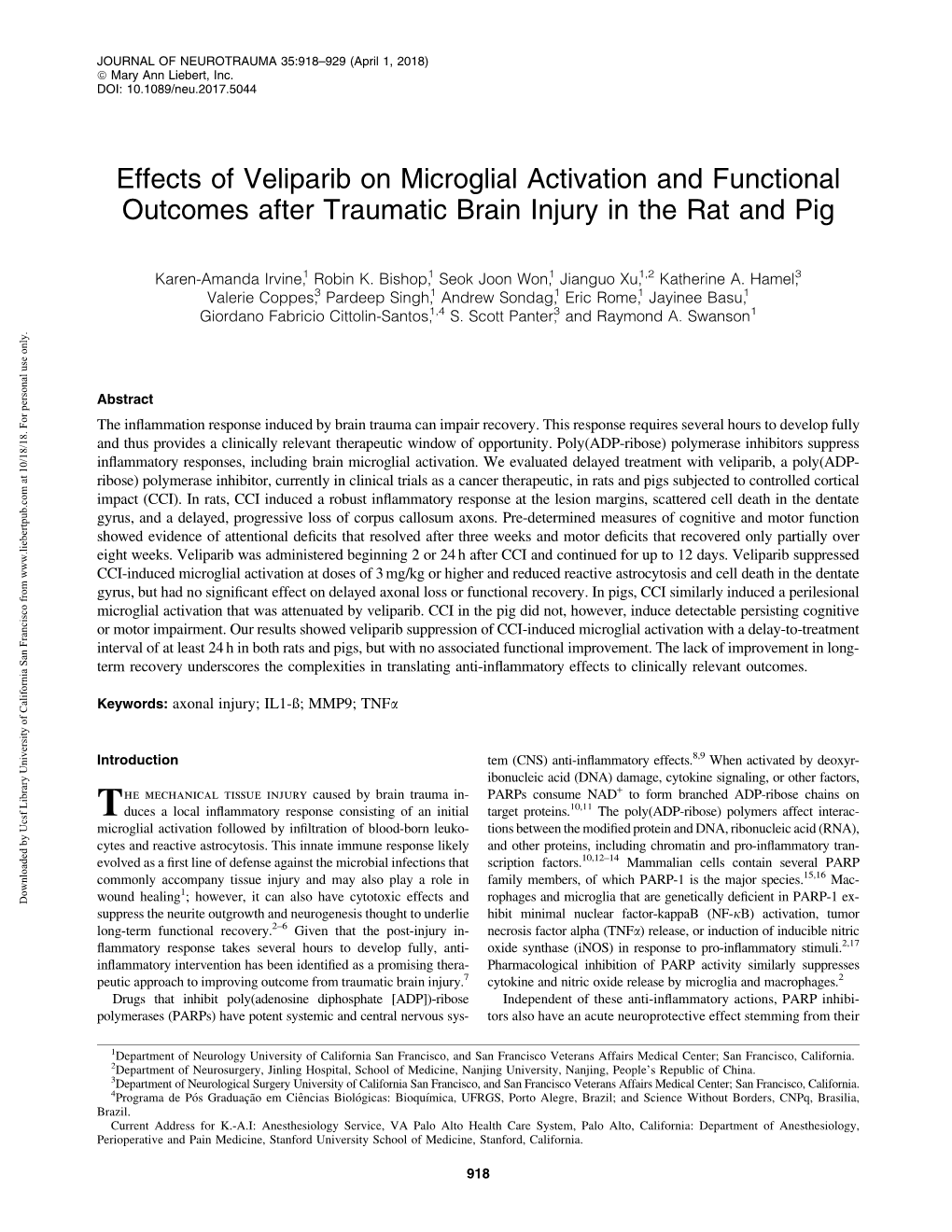 Effects of Veliparib on Microglial Activation and Functional Outcomes After Traumatic Brain Injury in the Rat and Pig