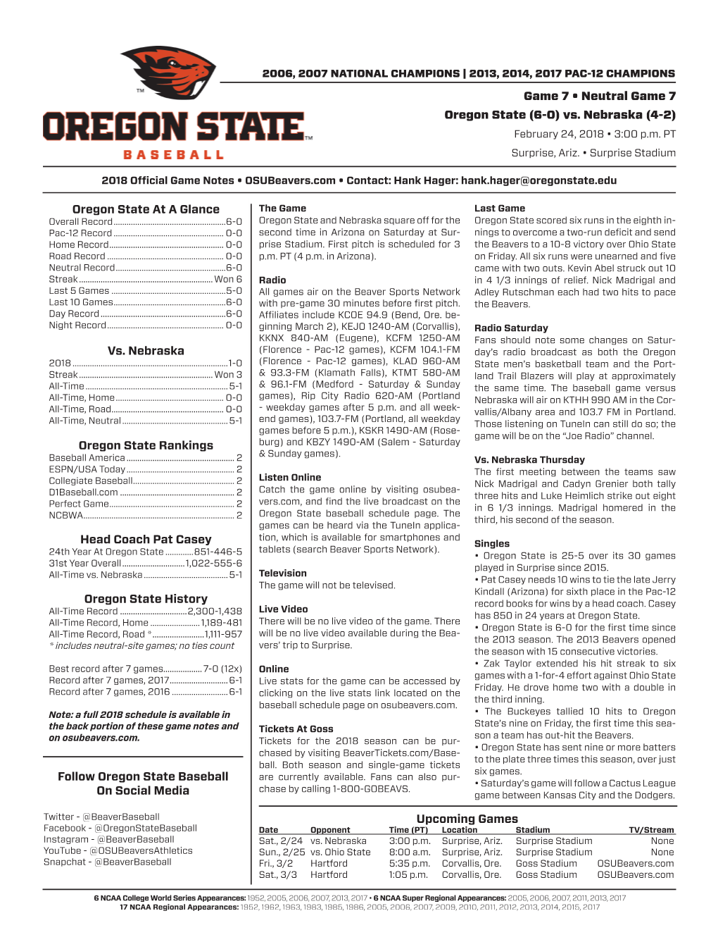 Oregon State at a Glance Vs. Nebraska Oregon State Rankings