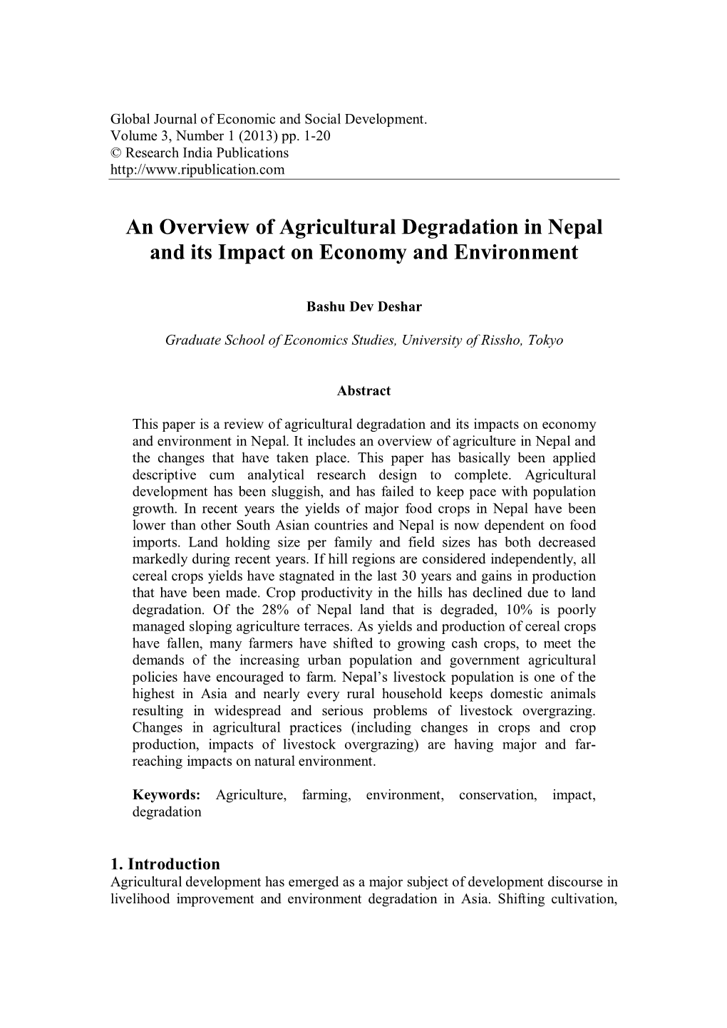 An Overview of Agricultural Degradation in Nepal and Its Impact on Economy and Environment