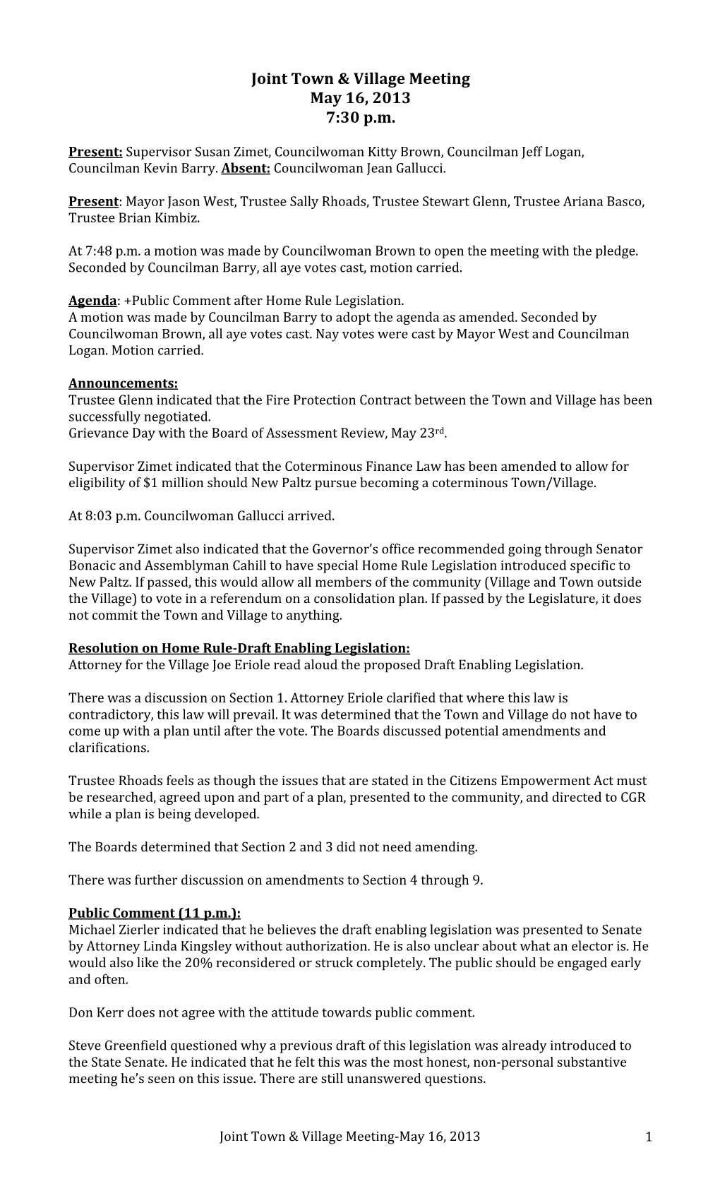 Town Board Minutes 5/16/13