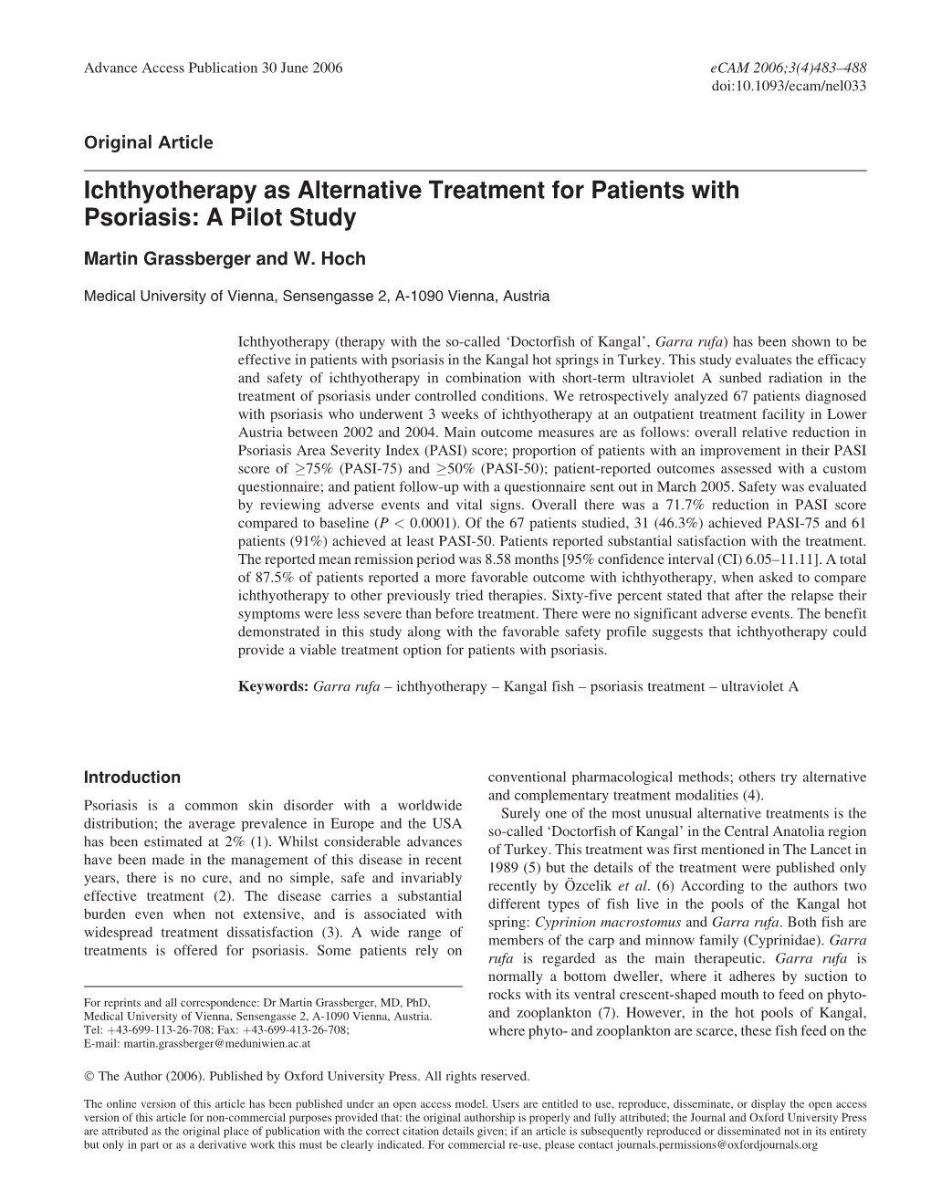 Ichthyotherapy As Alternative Treatment for Patients with Psoriasis: a Pilot Study