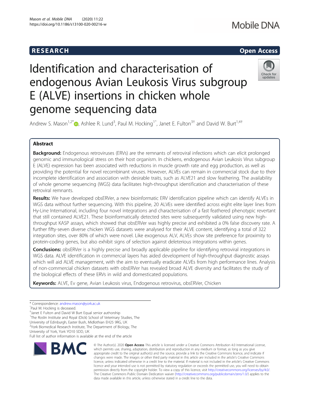 Identification and Characterisation of Endogenous Avian Leukosis Virus Subgroup E (ALVE) Insertions in Chicken Whole Genome Sequencing Data Andrew S