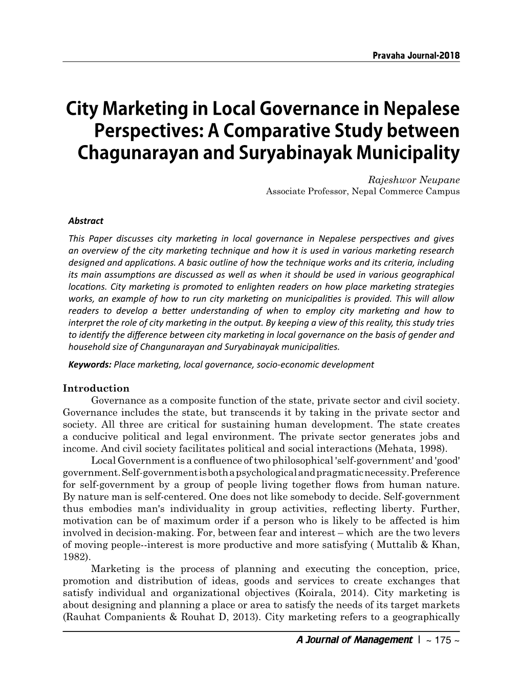 City Marketing in Local Governance in Nepalese Perspectives: a Comparative Study Between Chagunarayan and Suryabinayak Municipal