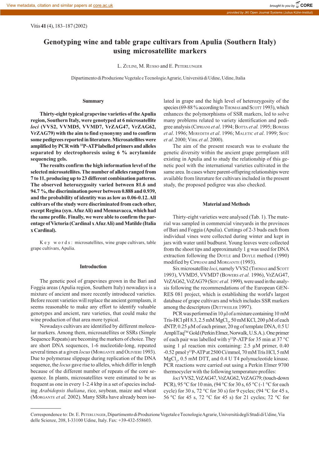 Genotyping Wine and Table Grape Cultivars from Apulia (Southern Italy) Using Microsatellite Markers