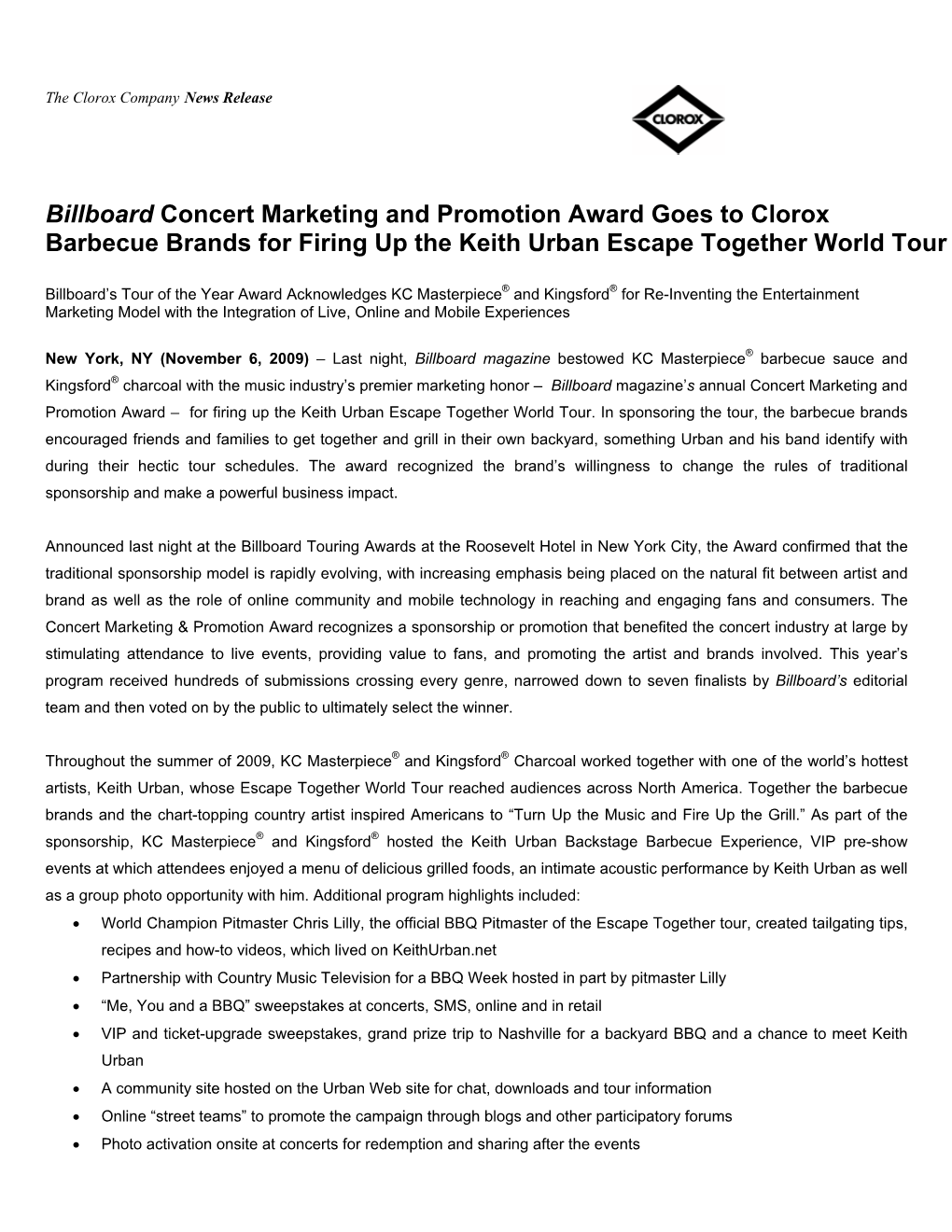 Billboard Concert Marketing and Promotion Award Goes to Clorox Barbecue Brands for Firing up the Keith Urban Escape Together World Tour