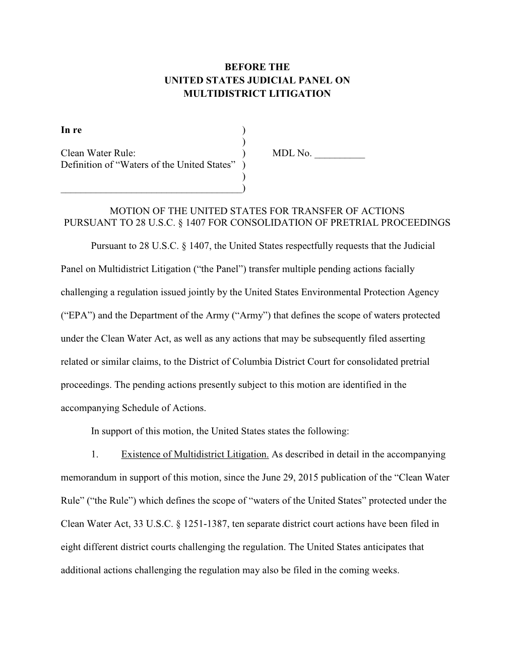 Motion to Consolidate Multiple Cases -- Chamber V. EPA (JPML).Pdf