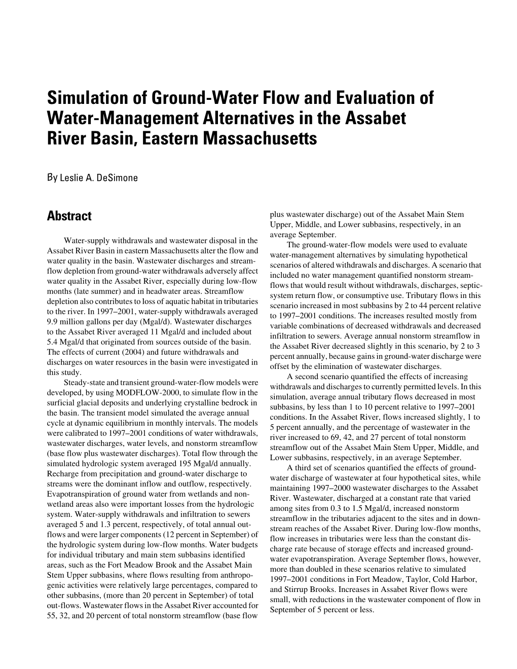 Simulation of Ground-Water Flow and Evaluation of Water-Management Alternatives in the Assabet River Basin, Eastern Massachusetts