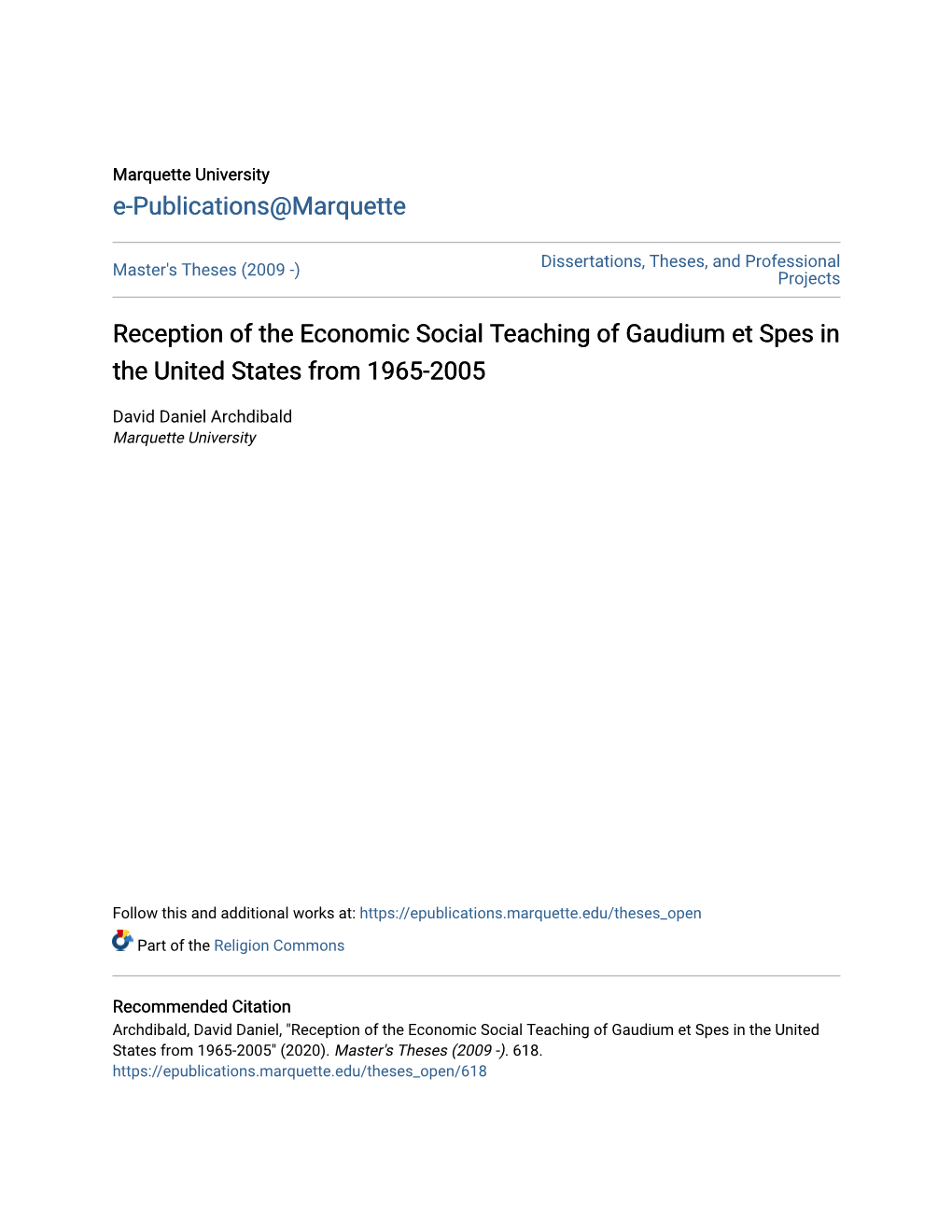 Reception of the Economic Social Teaching of Gaudium Et Spes in the United States from 1965-2005
