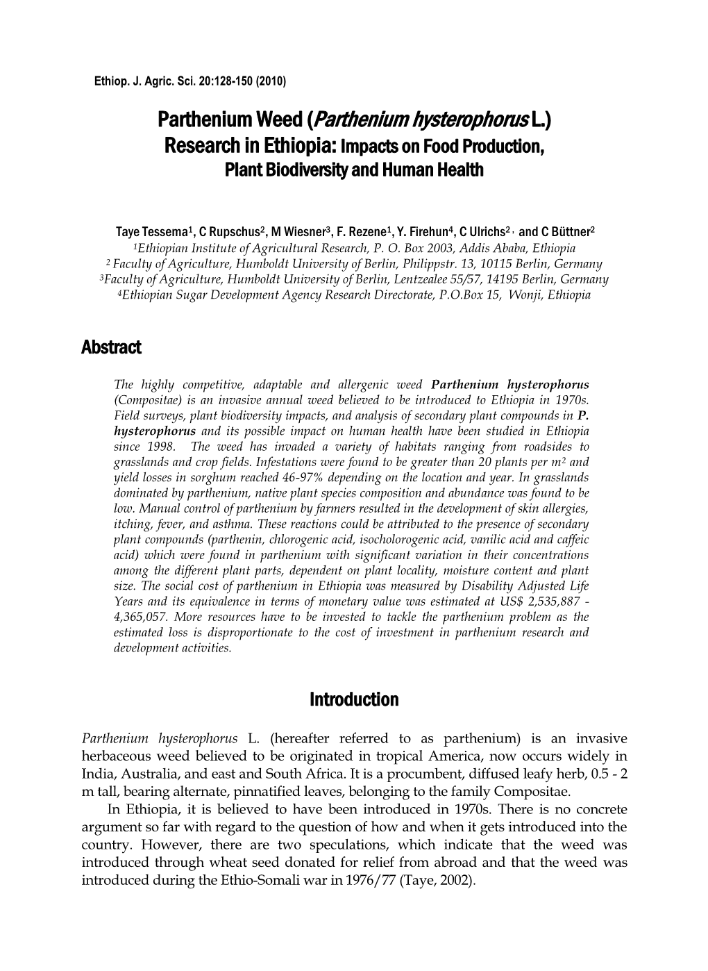 Parthenium Weed (Parthenium Hysterophorus L.) Research in Ethiopia: Impacts on Food Production, Plant Biodiversity and Human Health