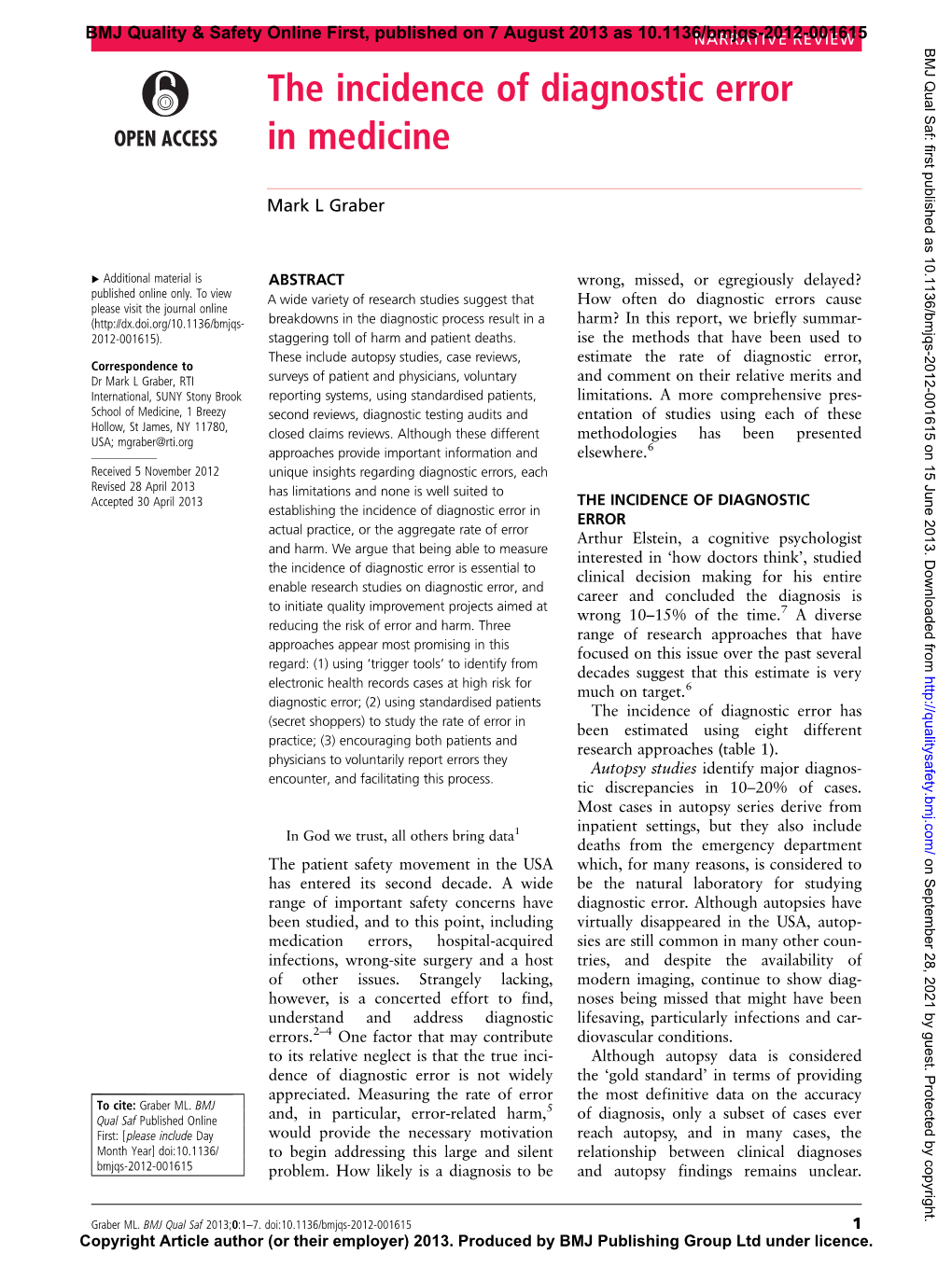 The Incidence of Diagnostic Error in Medicine