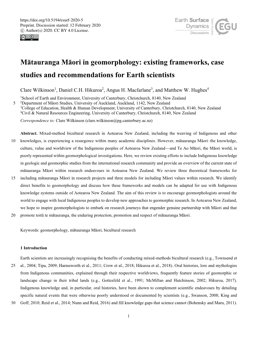 Mātauranga Māori in Geomorphology: Existing Frameworks, Case Studies and Recommendations for Earth Scientists