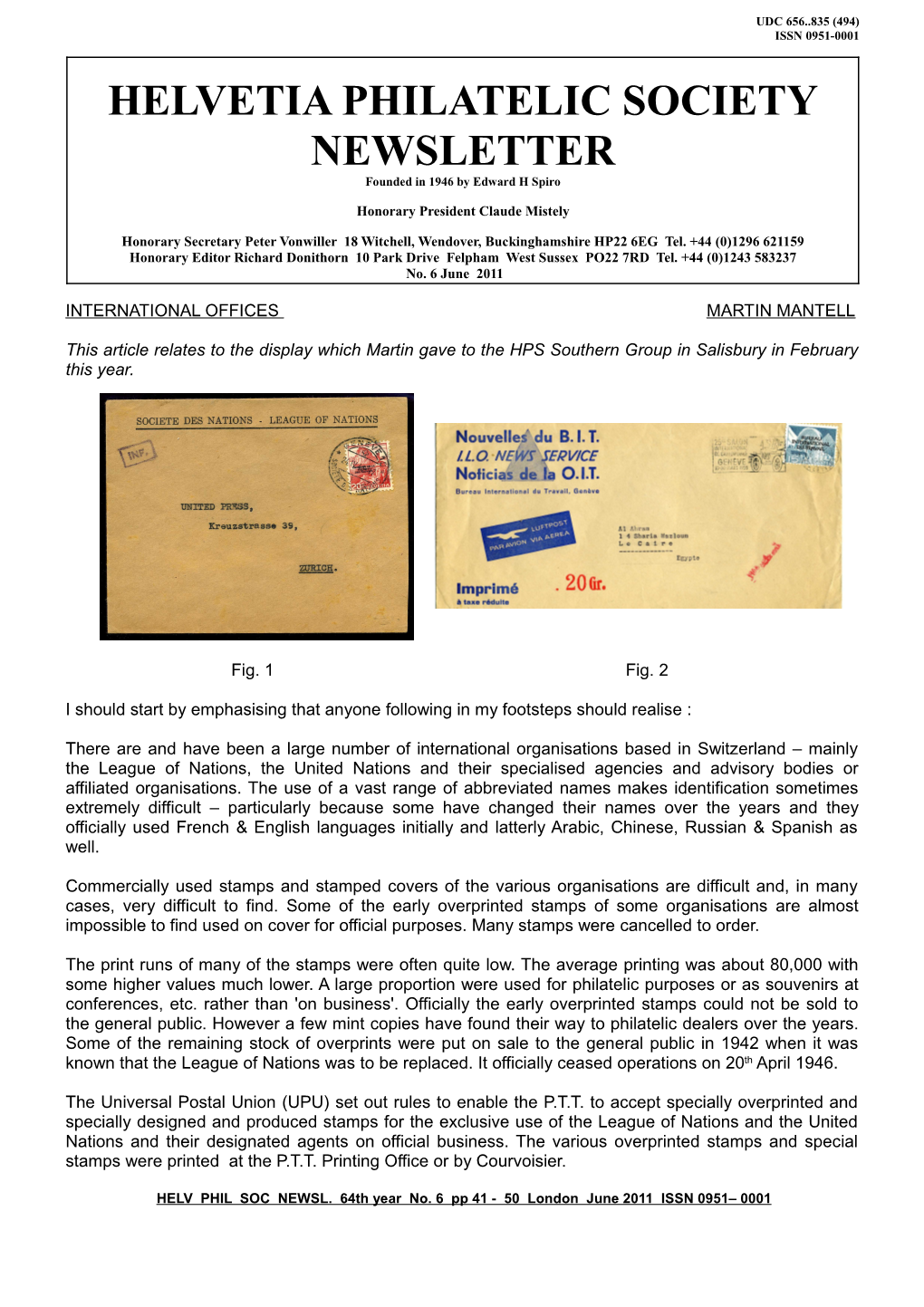 HELVETIA PHILATELIC SOCIETY NEWSLETTER Founded in 1946 by Edward H Spiro