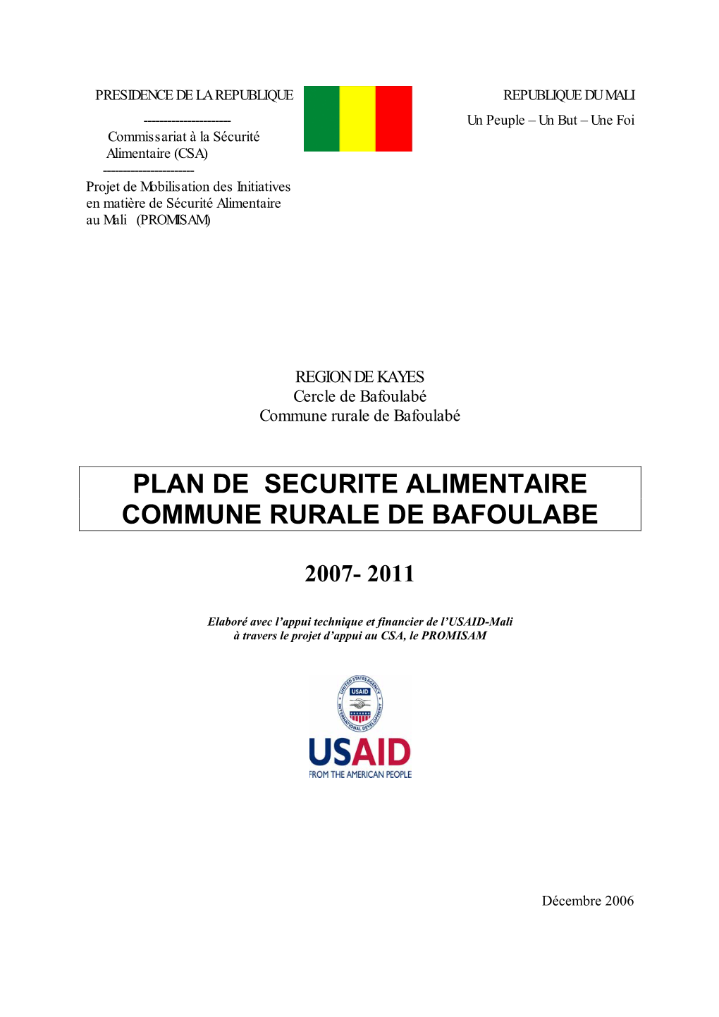 Plan De Securite Alimentaire Commune Rurale De Bafoulabe