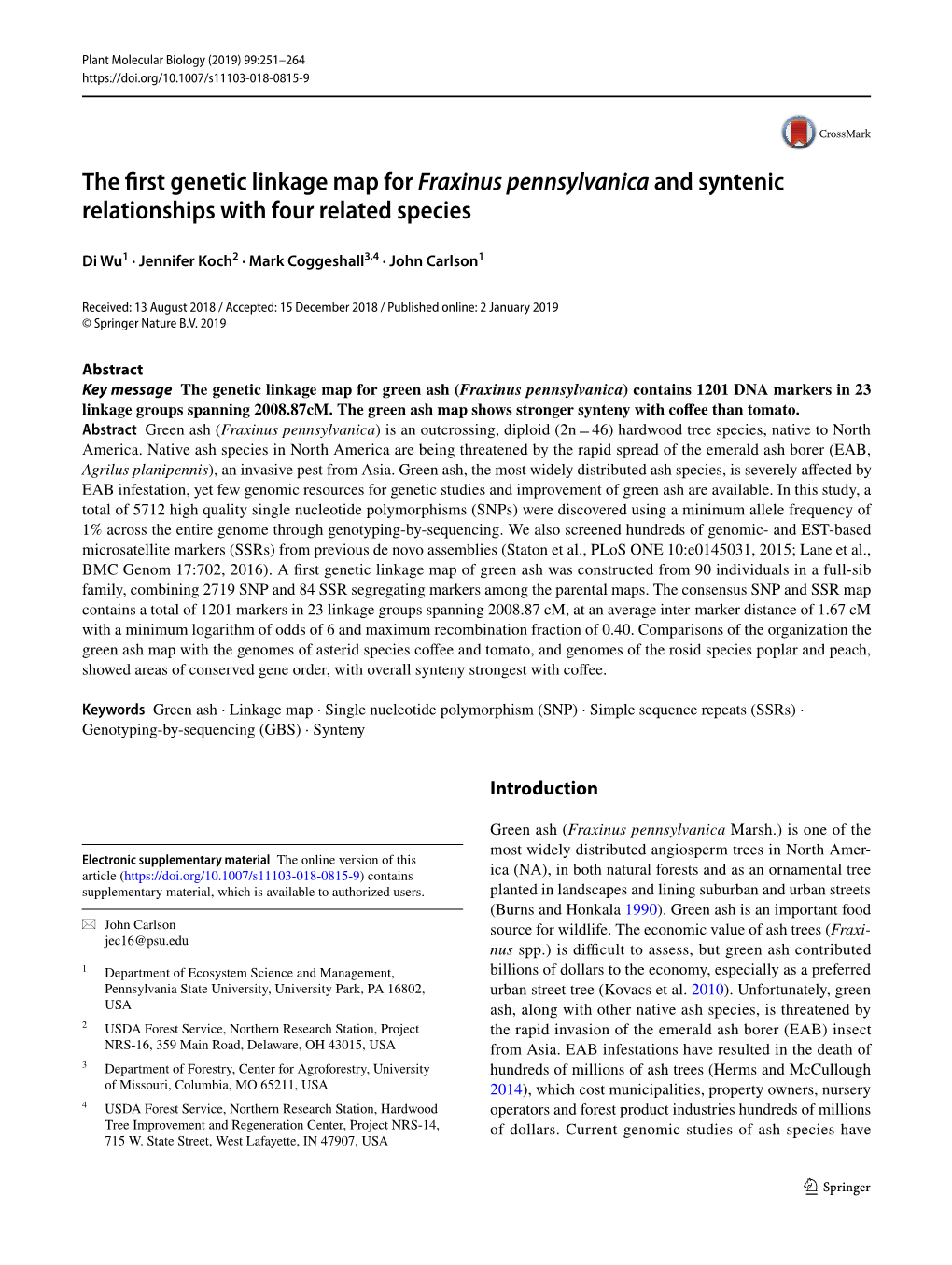 The First Genetic Linkage Map for Fraxinus Pennsylvanica and Syntenic Relationships with Four Related Species